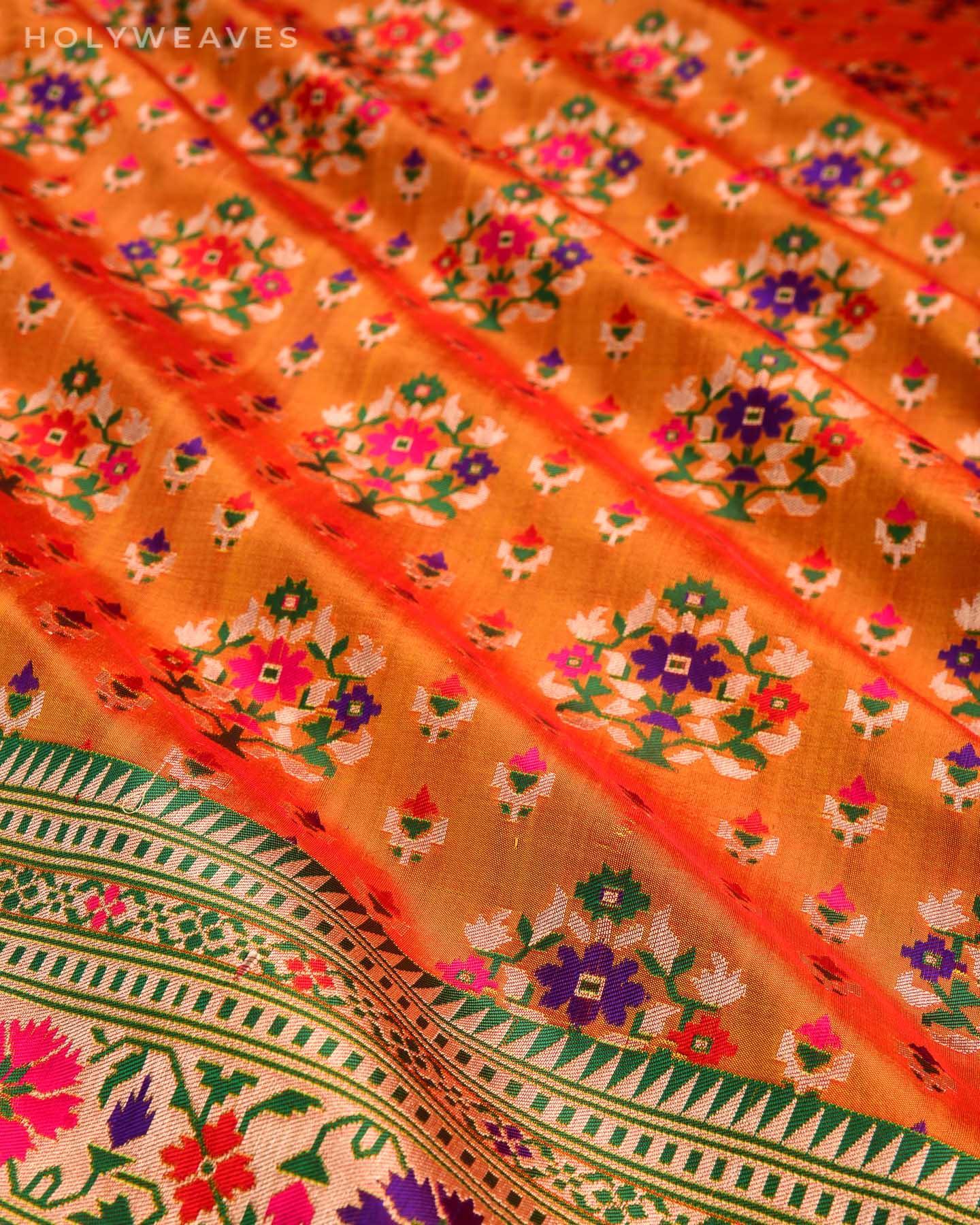 Orange Banarasi Patola Cutwork Brocade Handwoven Katan Silk Dupatta - By HolyWeaves, Benares