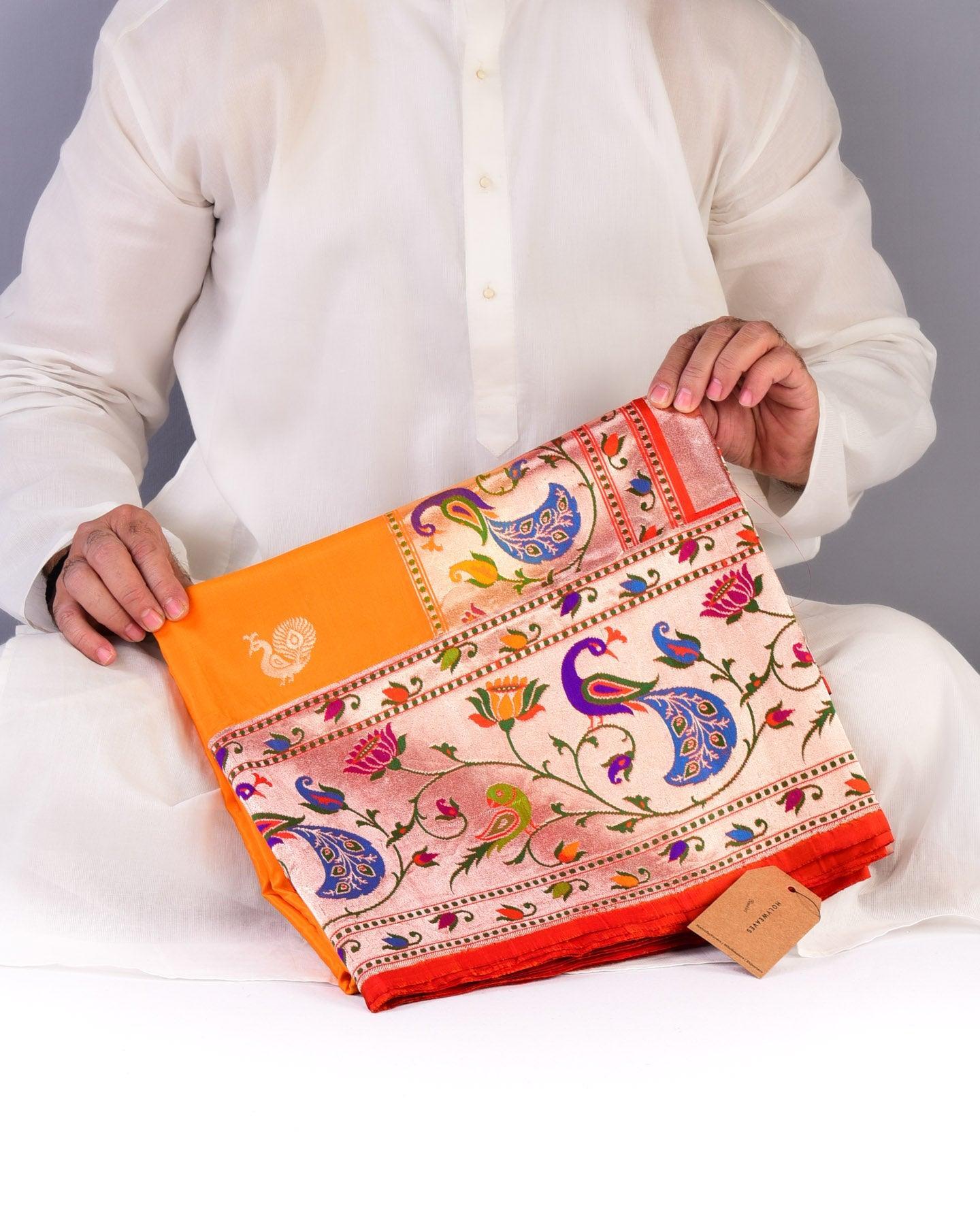 Orange Banarasi Paudi Chauhari Paithani Handwoven Katan Silk Saree - By HolyWeaves, Benares
