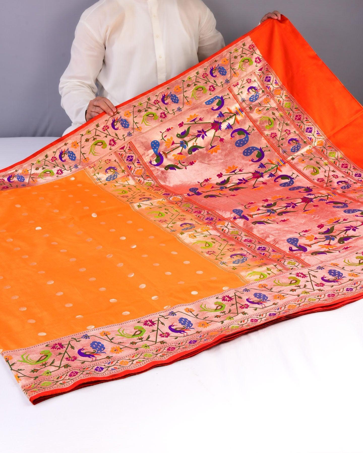 Orange Banarasi Paudi Chauhari Paithani Handwoven Katan Silk Saree - By HolyWeaves, Benares