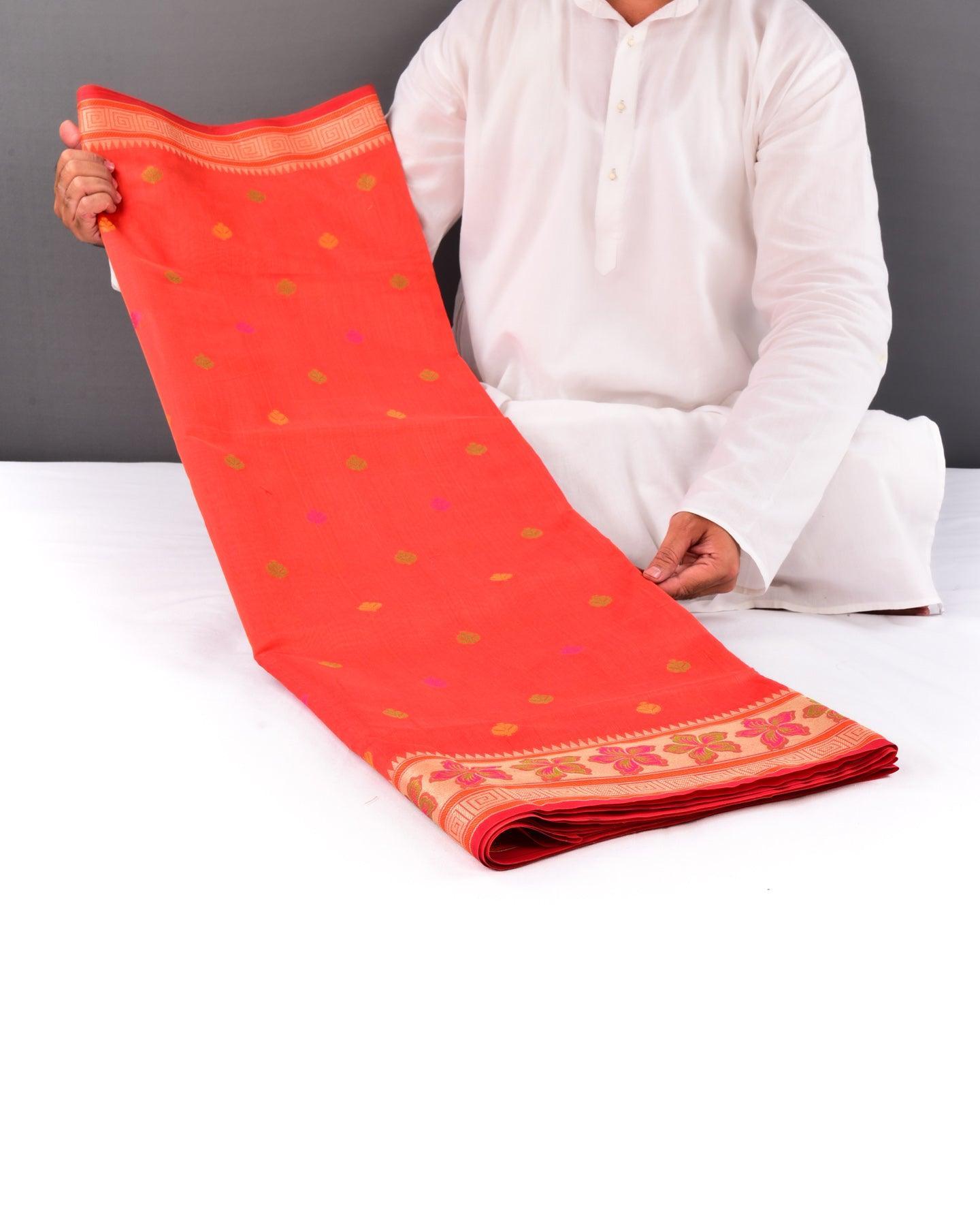 Orange Banarasi Resham Buti Cutwork Brocade Woven Cotton Silk Saree - By HolyWeaves, Benares