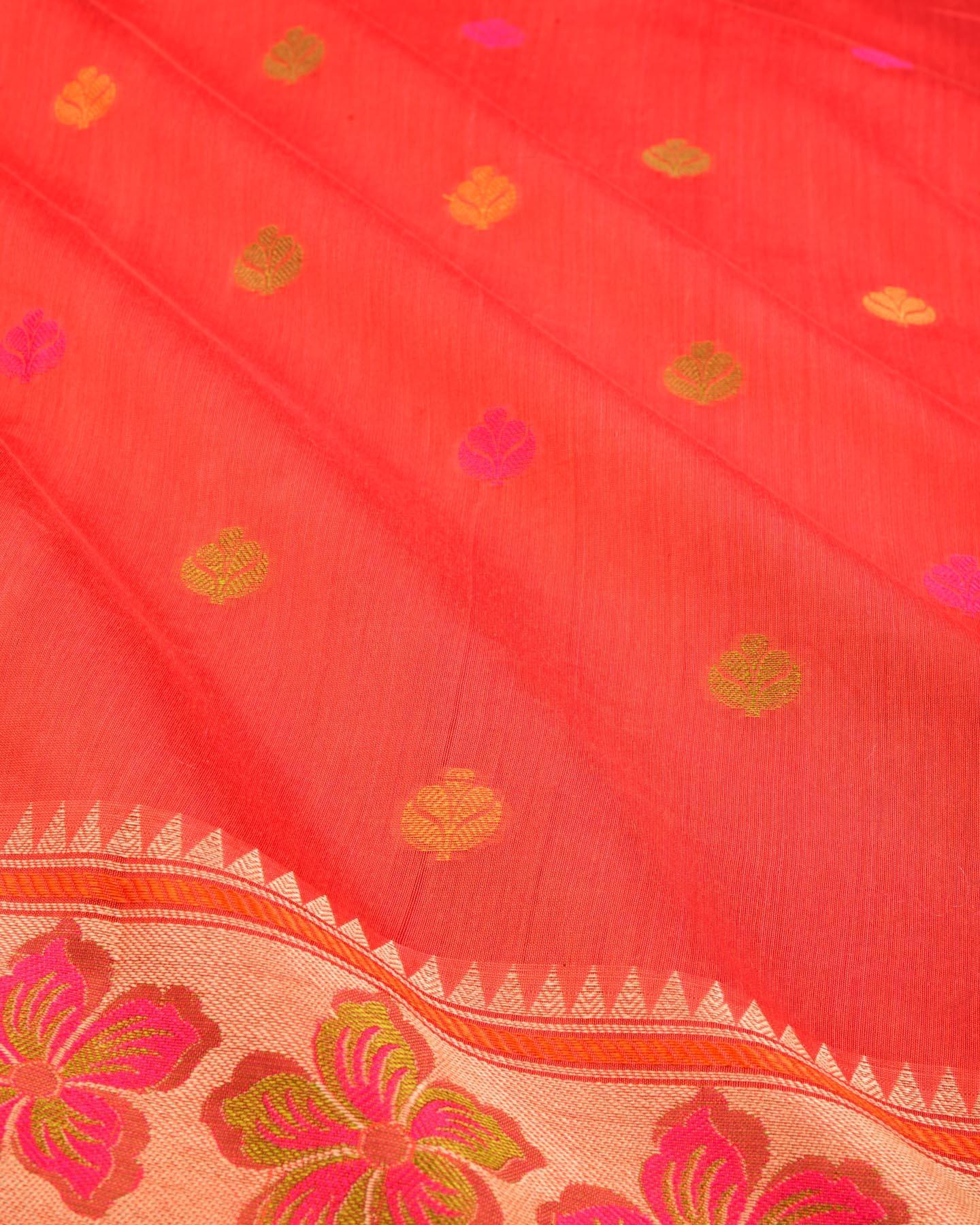 Orange Banarasi Resham Buti Cutwork Brocade Woven Cotton Silk Saree - By HolyWeaves, Benares
