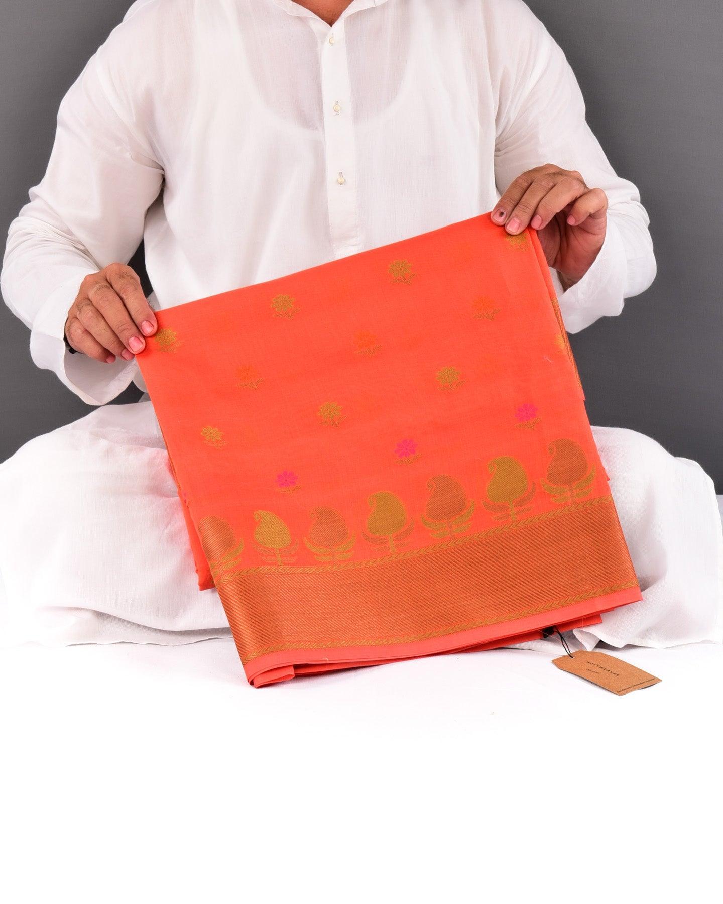 Orange Banarasi Resham Buti Cutwork Brocade Woven Cotton Silk Saree with Paisley Border - By HolyWeaves, Benares