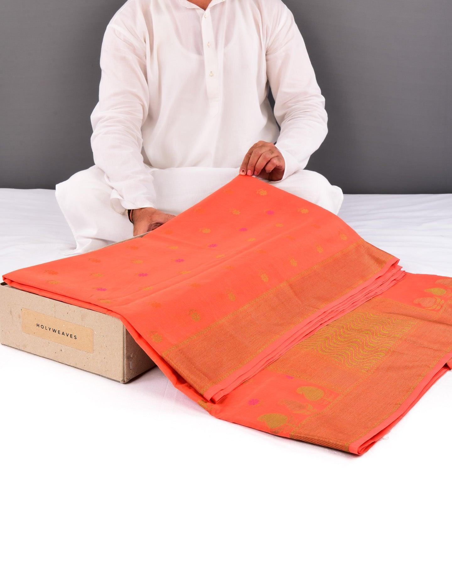 Orange Banarasi Resham Buti Cutwork Brocade Woven Cotton Silk Saree with Paisley Border - By HolyWeaves, Benares