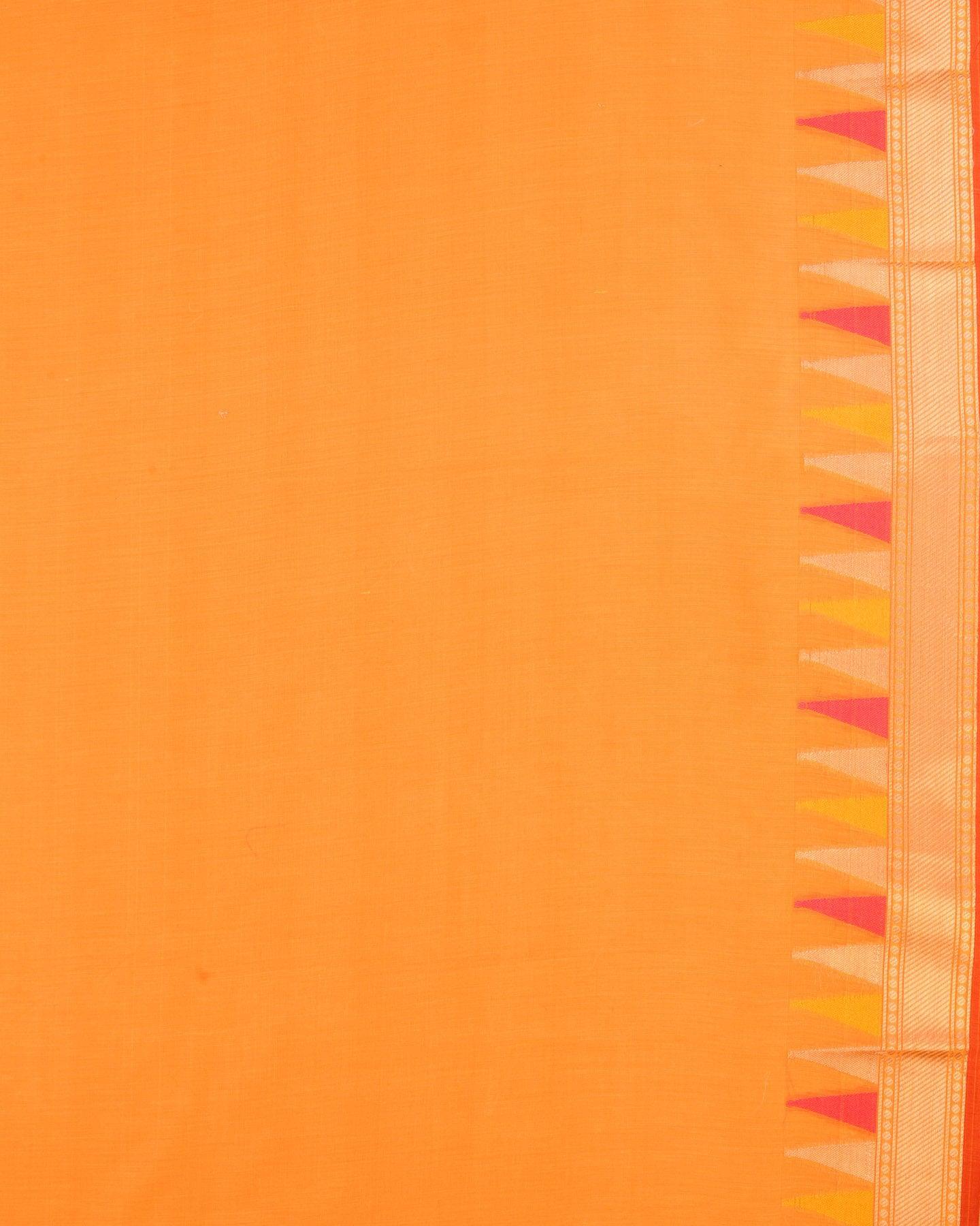 Orange Banarasi Resham Buti Cutwork Brocade Woven Cotton Silk Saree with Temple Border - By HolyWeaves, Benares