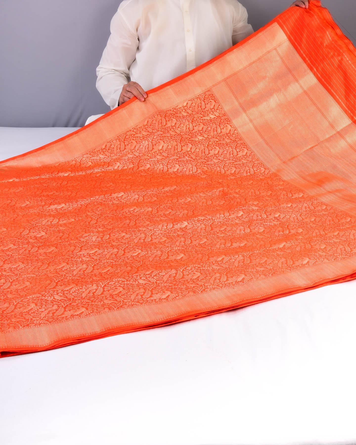 Orange Banarasi Shikargah Brocade Handwoven Katan Silk Saree - By HolyWeaves, Benares