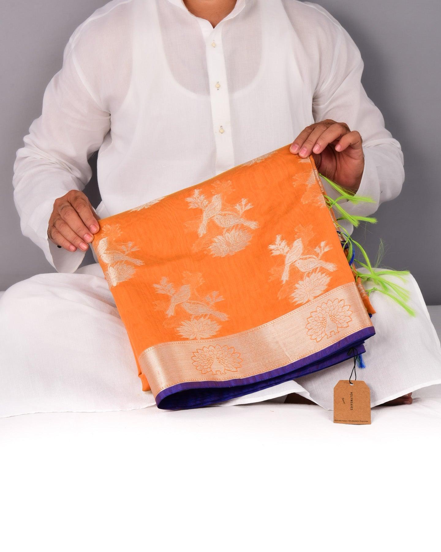 Orange Banarasi Silver Zari Lovebirds Cutwork Brocade Woven Art Cotton Silk Saree - By HolyWeaves, Benares