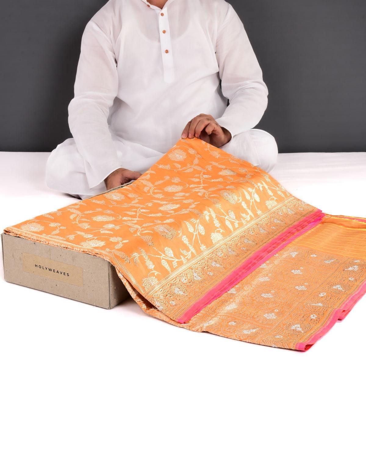Orange Banarasi Sona Rupa Jaal Kadhuan Brocade Handwoven Katan Silk Saree - By HolyWeaves, Benares