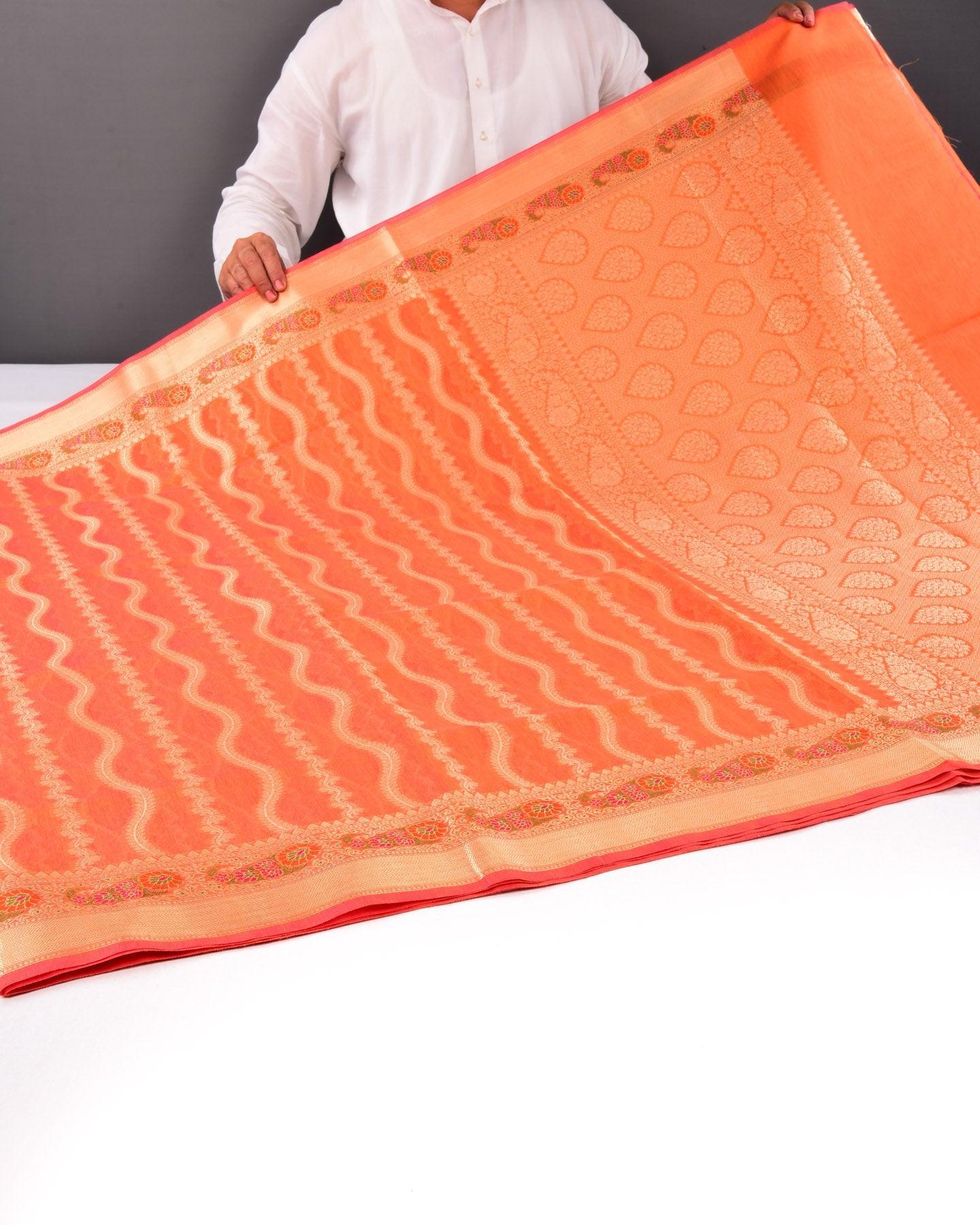 Orange Banarasi Spiral Zari Stripes Cutwork Brocade Woven Cotton Silk Saree with Meena Bel Brocade Border - By HolyWeaves, Benares