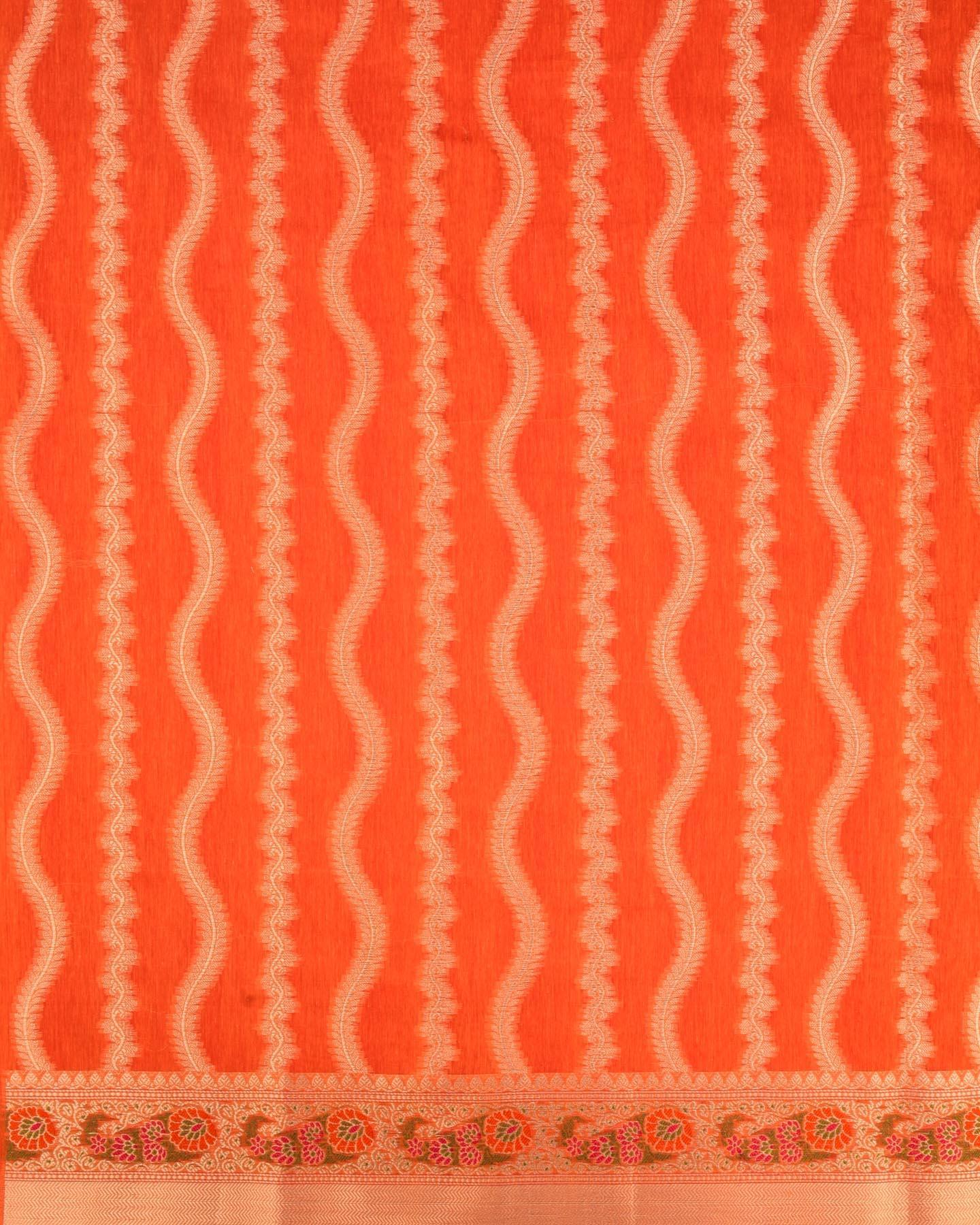 Orange Banarasi Spiral Zari Stripes Cutwork Brocade Woven Cotton Silk Saree with Meena Bel Brocade Border - By HolyWeaves, Benares