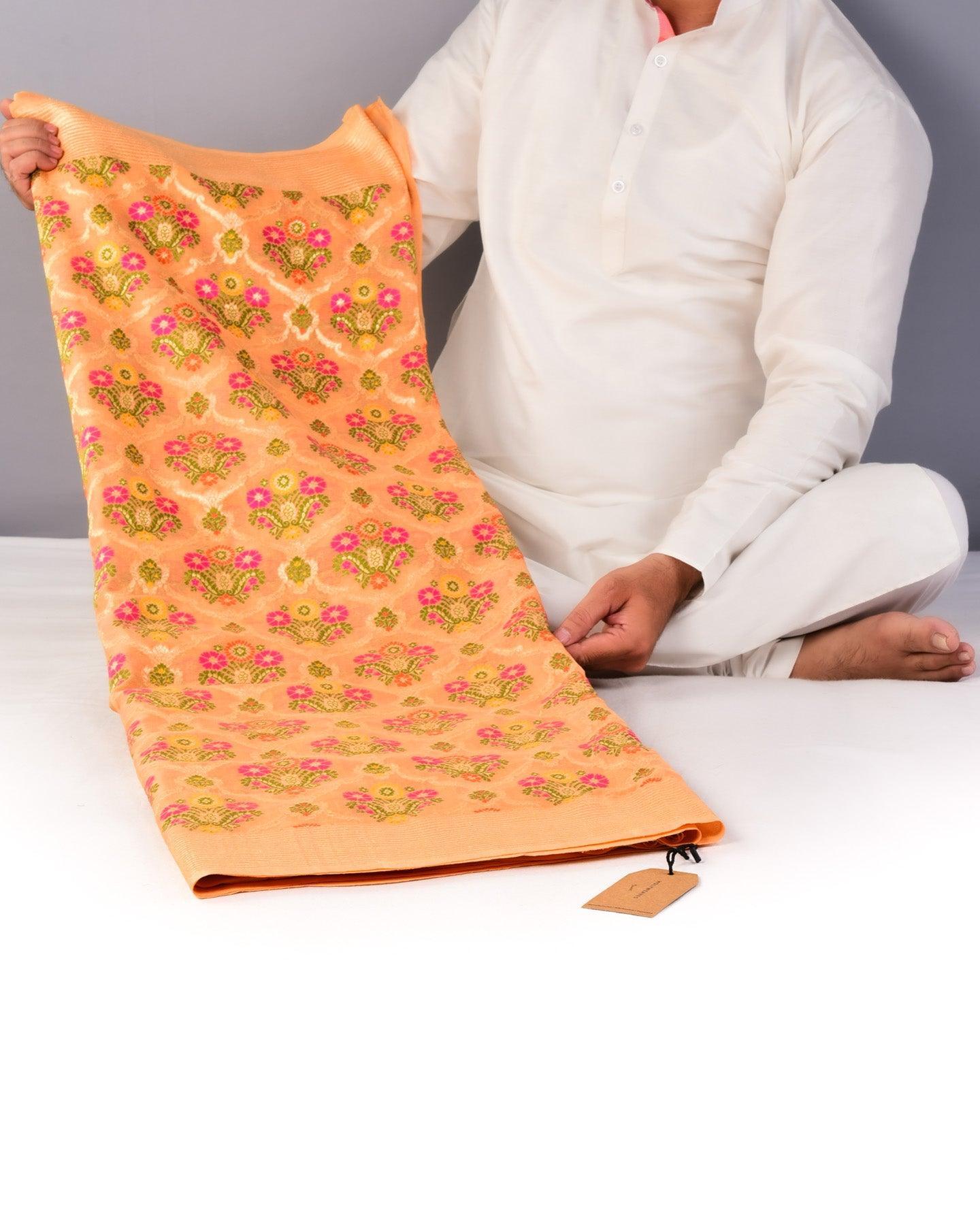 Orange Banarasi Tehra Meena Cutwork Brocade Handwoven Khaddi Georgette Saree - By HolyWeaves, Benares