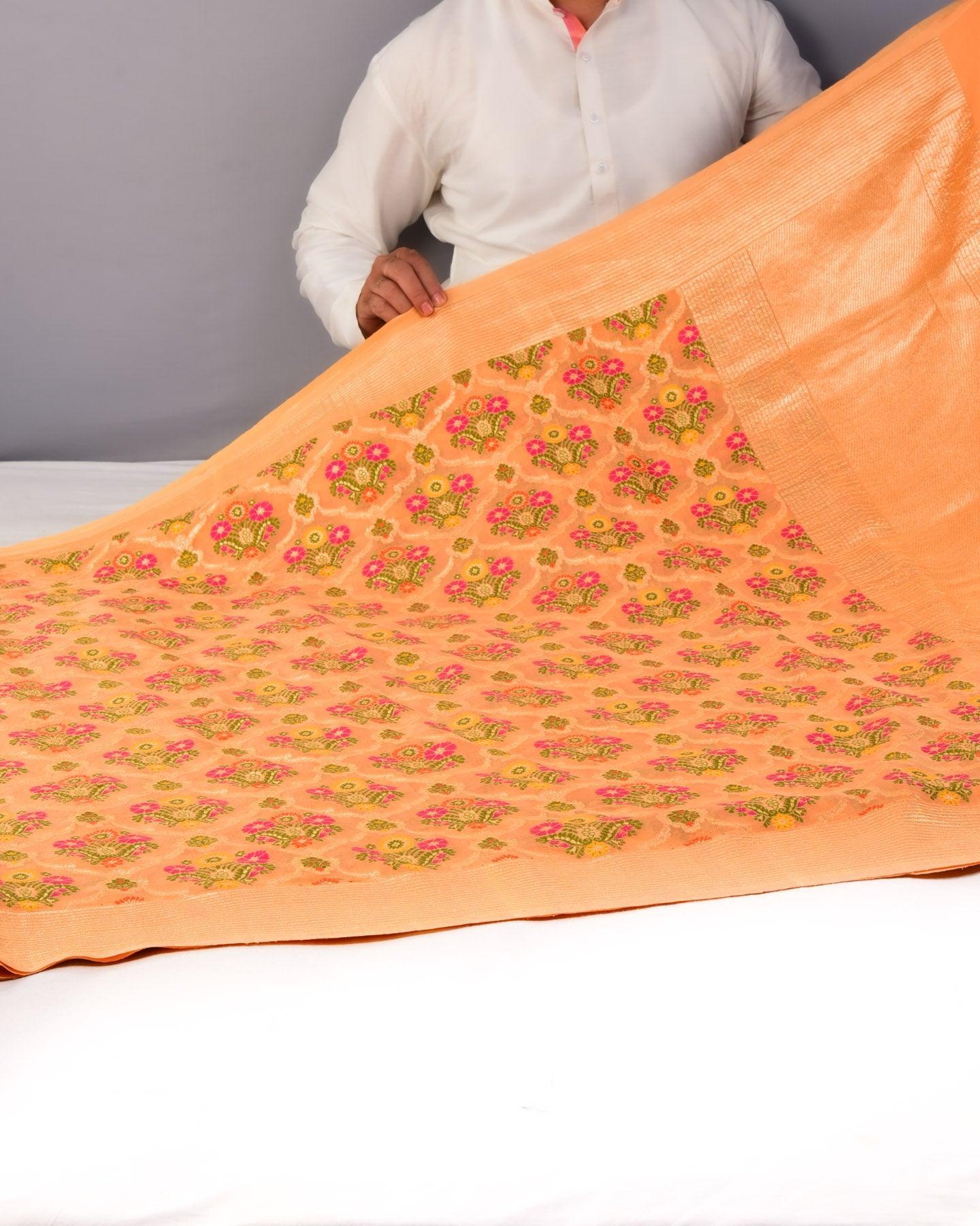 Orange Banarasi Tehra Meena Cutwork Brocade Handwoven Khaddi Georgette Saree - By HolyWeaves, Benares