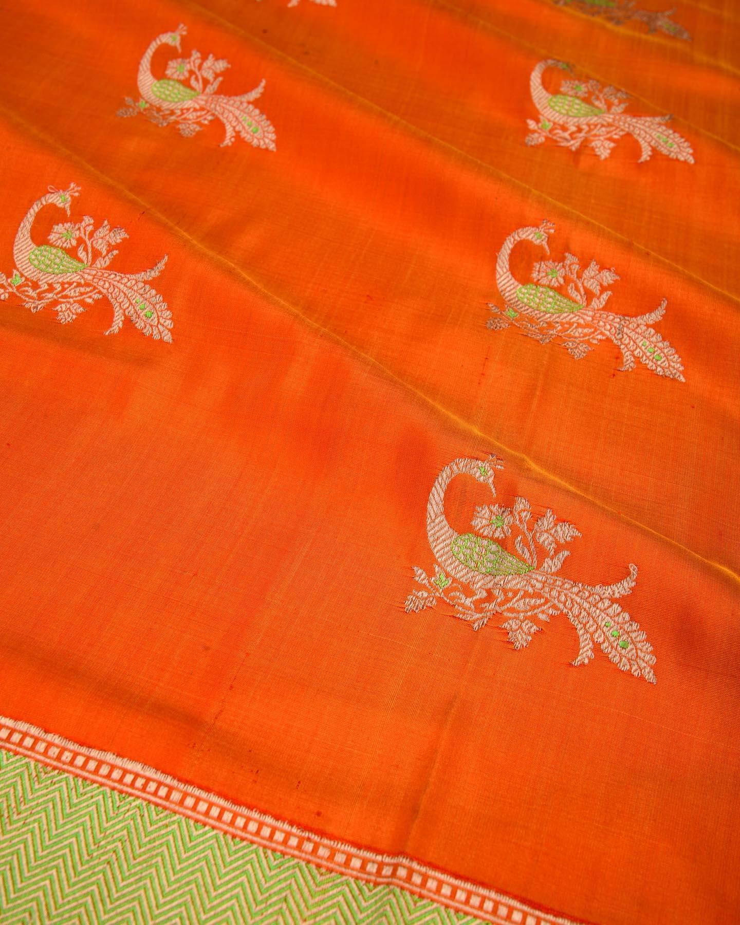 Orange Banarasi Zari and Green Meena Peacock Kadhuan Brocade Handwoven Katan Silk Dupatta - By HolyWeaves, Benares