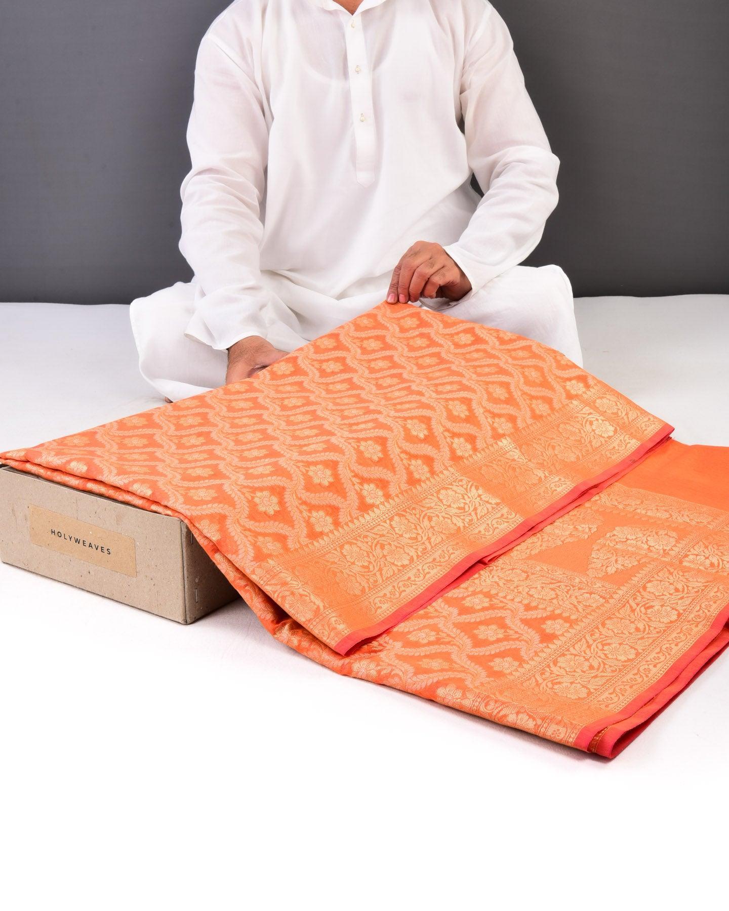 Orange Banarasi Zari and Resham Jaal Cutwork Brocade Woven Cotton Silk Saree - By HolyWeaves, Benares