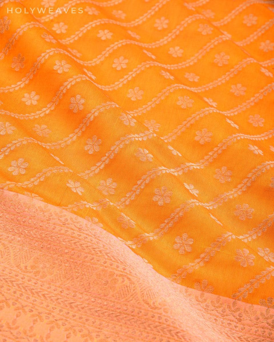 Orange Banarasi Zari Leheriya Cutwork Brocade Handwoven Katan Georgette Dupatta - By HolyWeaves, Benares