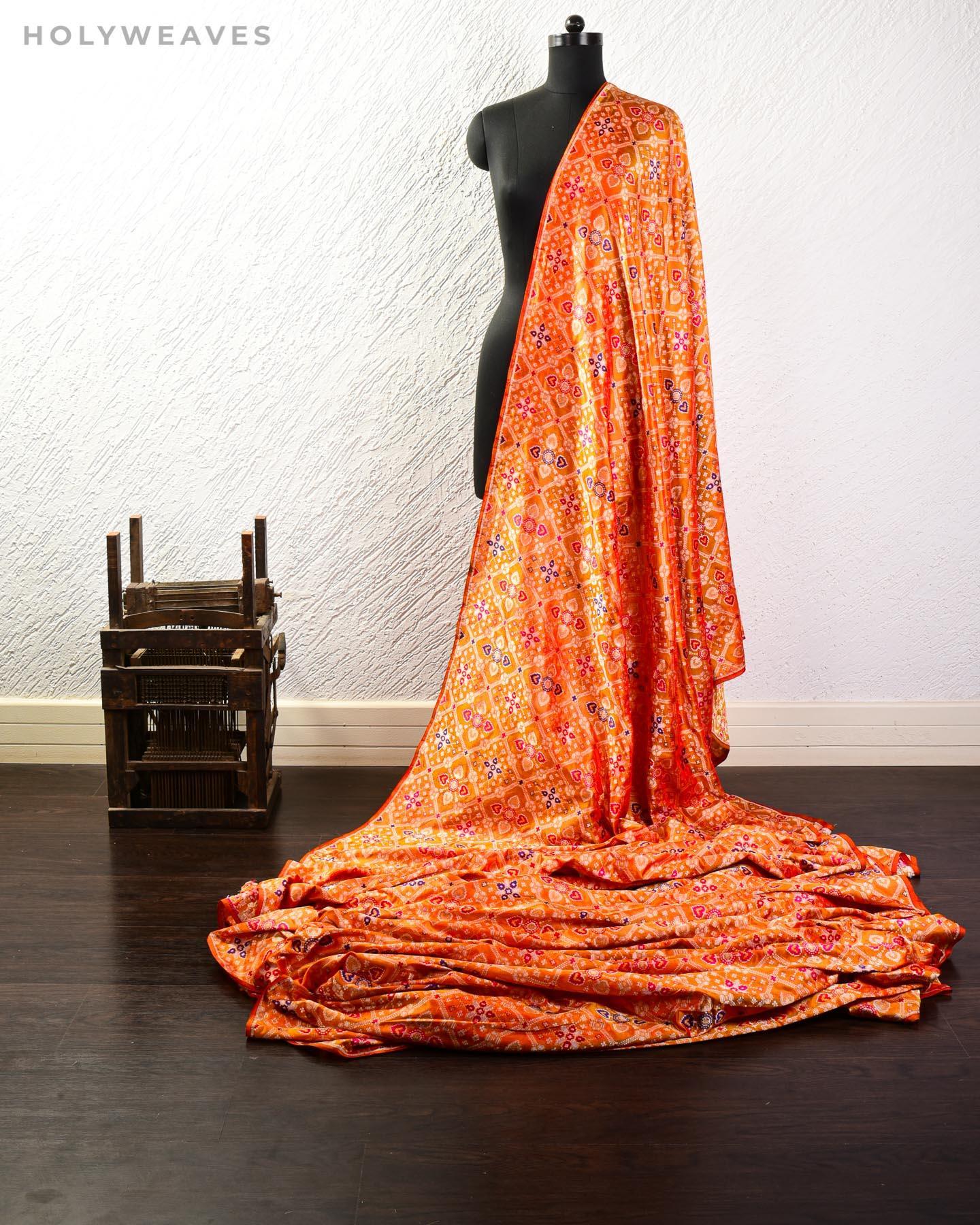 Orange Banarsi Patola Chauhara Tehra Meena Cutwork Brocade Handwoven Katan Silk Fabric - By HolyWeaves, Benares