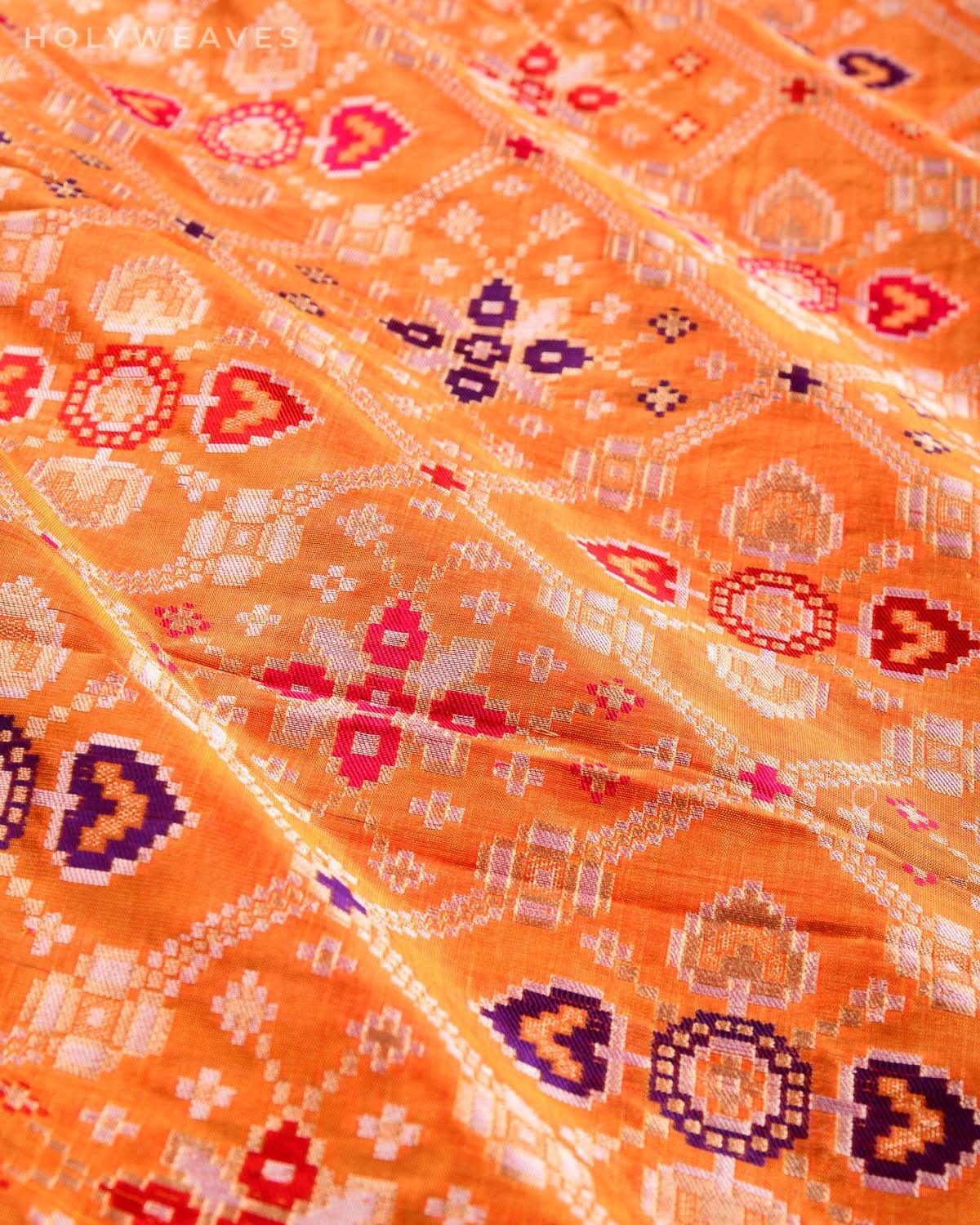 Orange Banarsi Patola Chauhara Tehra Meena Cutwork Brocade Handwoven Katan Silk Fabric - By HolyWeaves, Benares