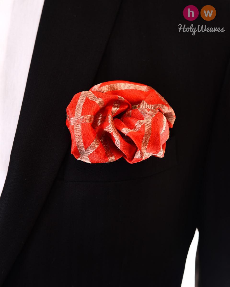Orange Brocade Handwoven Pure Silk Pocket Square For Men - By HolyWeaves, Benares