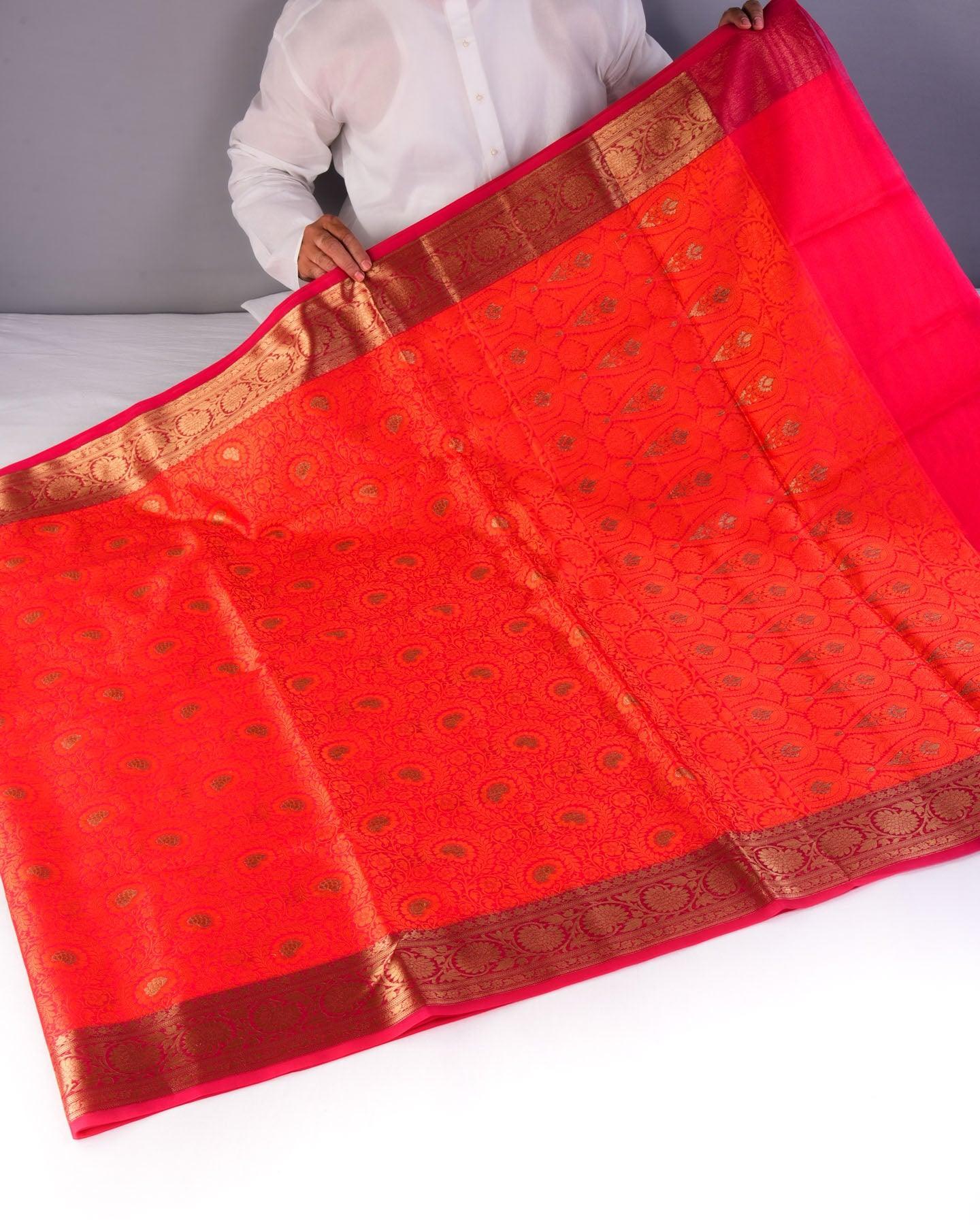 Orange Floral Jangla Cutwork Brocade Woven Art Cotton Silk Saree - By HolyWeaves, Benares