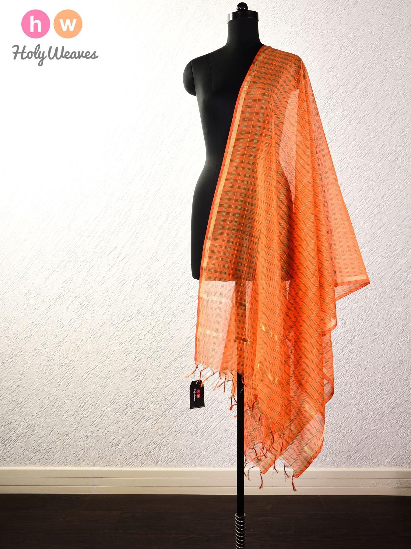 Orange Madras Checks Woven Poly Cotton Silk Dupatta - By HolyWeaves, Benares