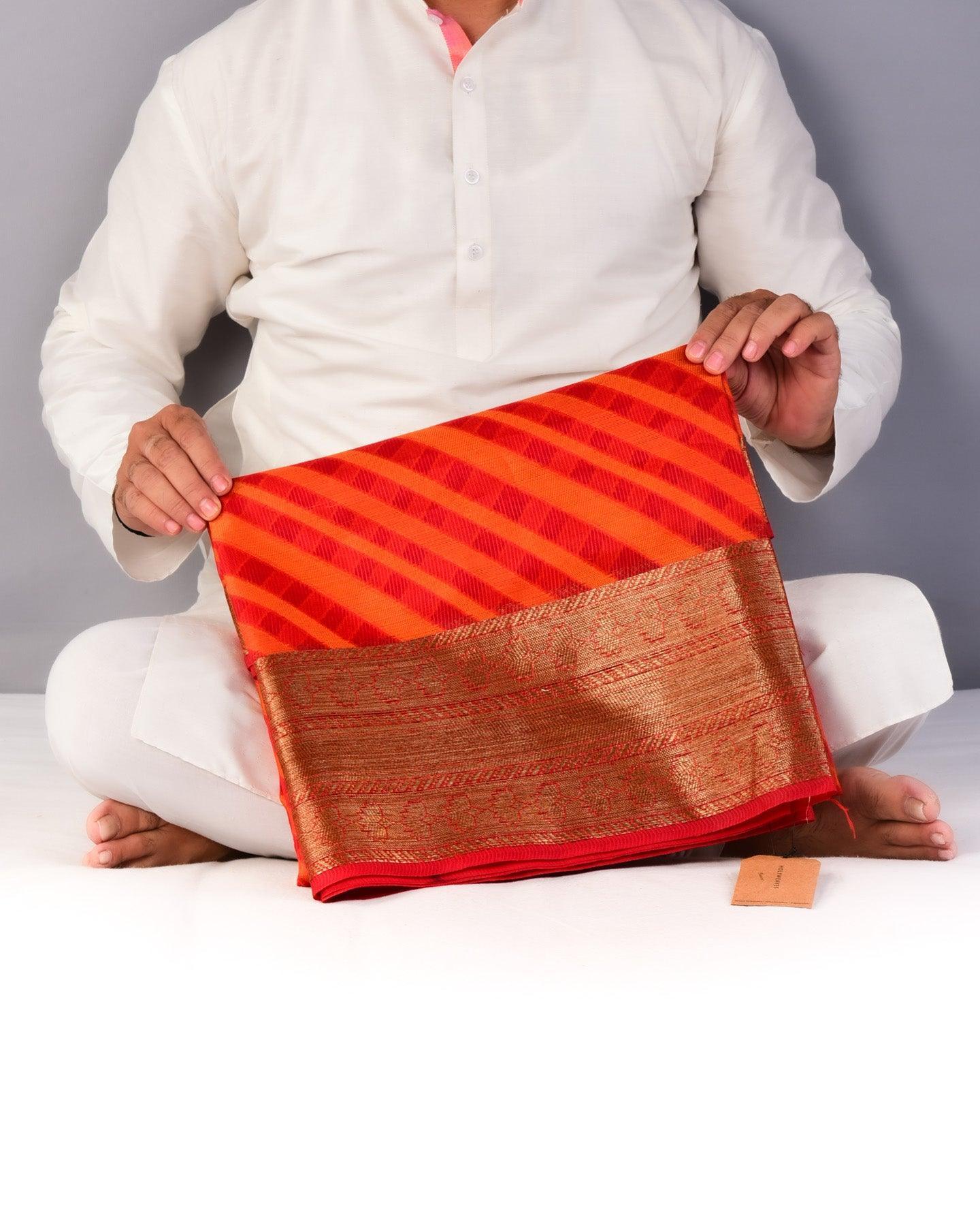 Orange On Red Banarasi Diagonal Resham Stripes Cutwork Brocade Woven Art Cotton Silk Saree - By HolyWeaves, Benares