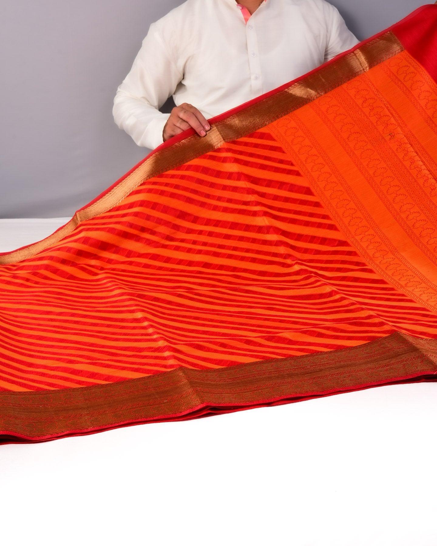 Orange On Red Banarasi Diagonal Resham Stripes Cutwork Brocade Woven Art Cotton Silk Saree - By HolyWeaves, Benares