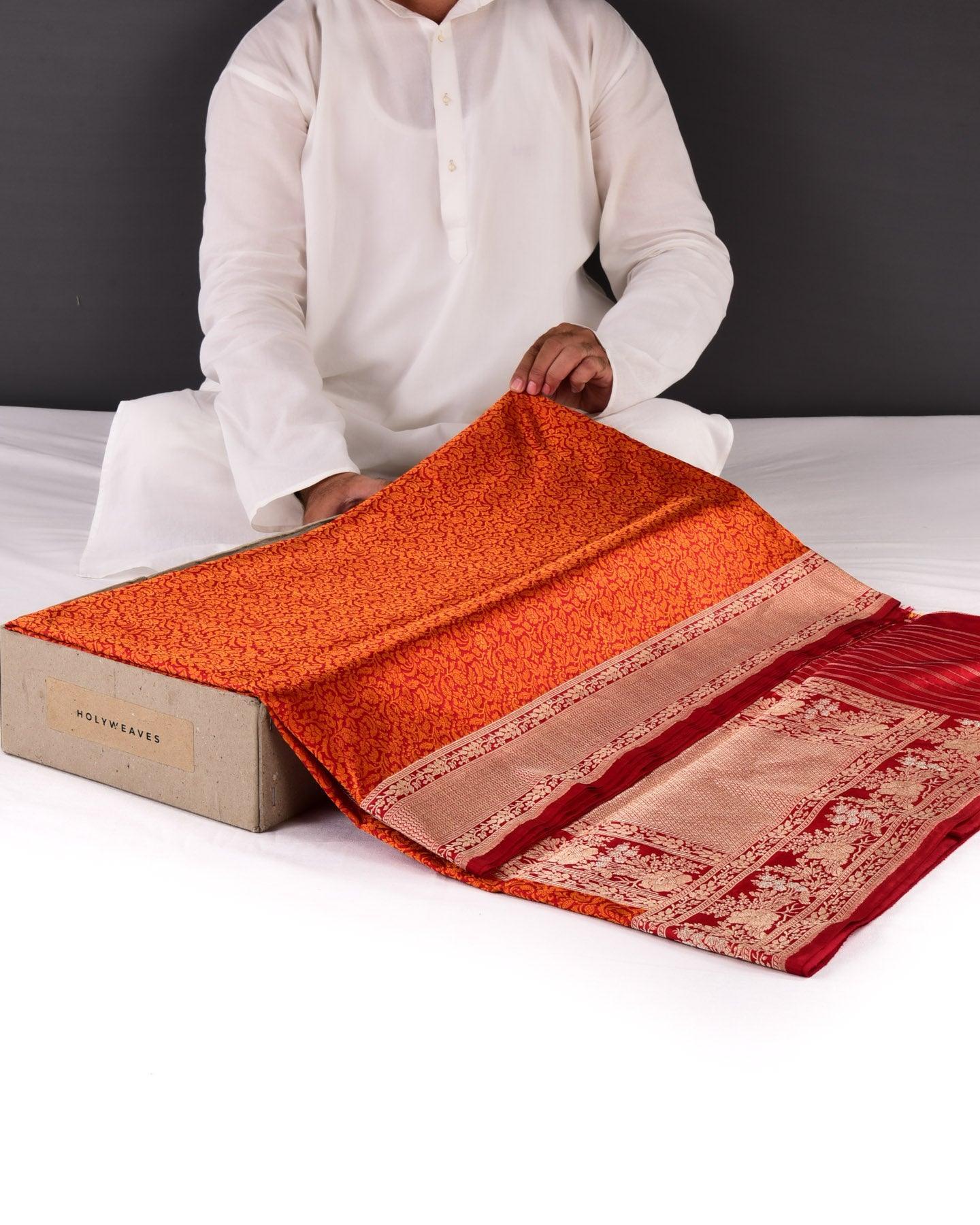 Orange on Red Banarasi Tanchoi Brocade Handwoven Katan Silk Saree with Zari Brocade Border Pallu - By HolyWeaves, Benares