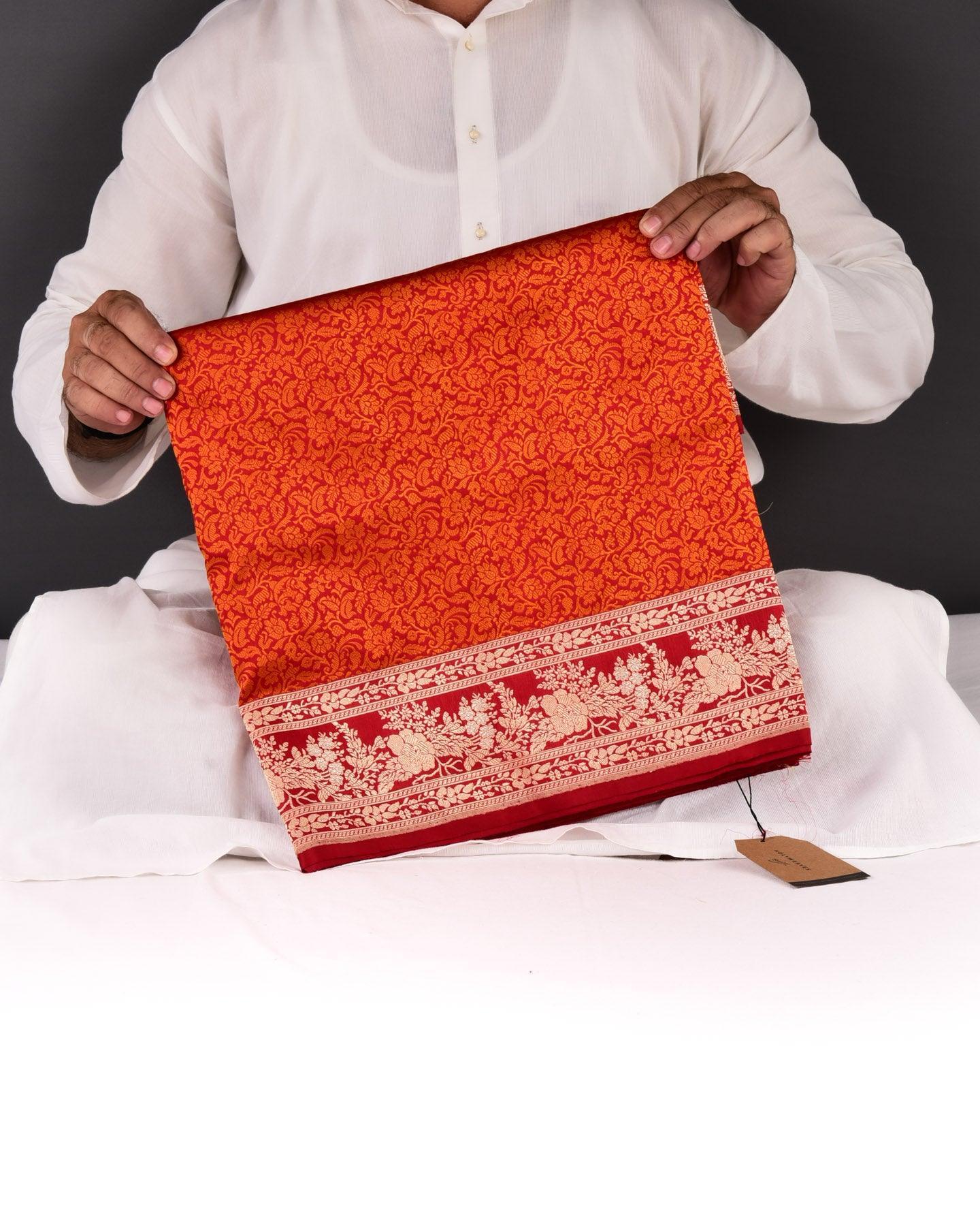 Orange on Red Banarasi Tanchoi Brocade Handwoven Katan Silk Saree with Zari Brocade Border Pallu - By HolyWeaves, Benares