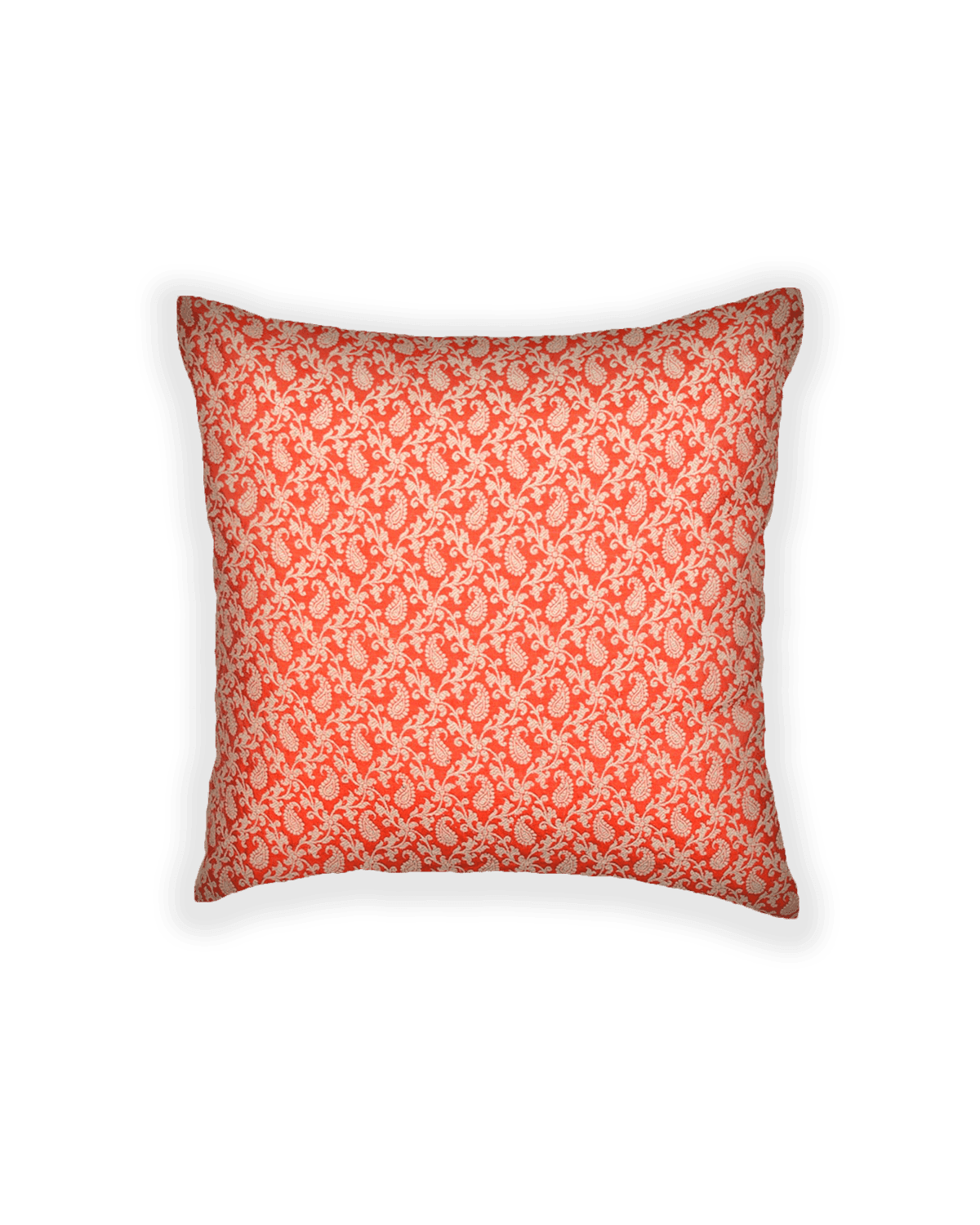 Orange Resham Brocade Handwoven Noile Silk Cushion Cover with Satin Back 16" - By HolyWeaves, Benares