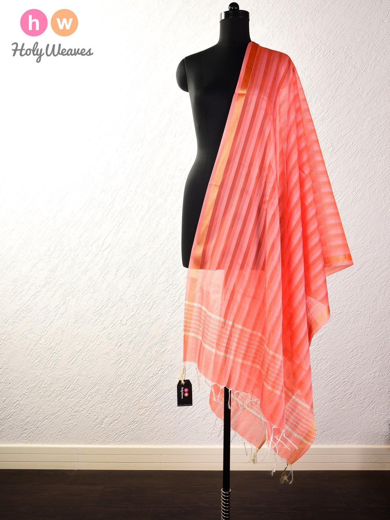Orange Shadow Stripes Woven Poly Cotton Silk Dupatta - By HolyWeaves, Benares