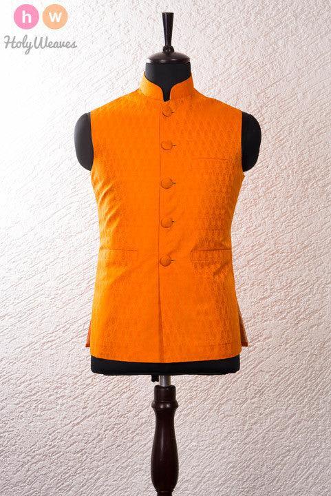 Orange Silk Tanchoi Modi Jacket - By HolyWeaves, Benares