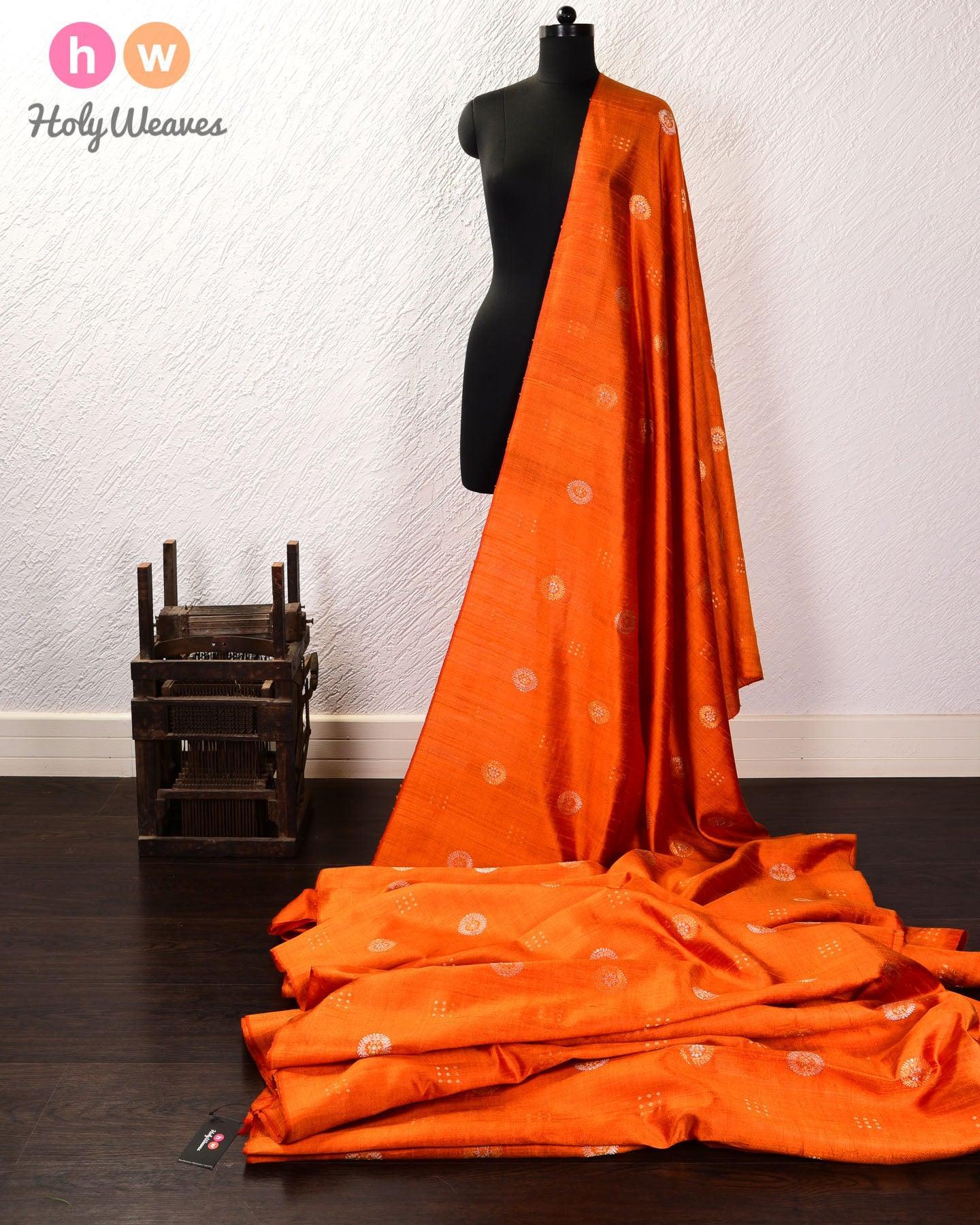 Orange Sona-Rupa Buta Kadhuan Brocade Handwoven Raw Silk Fabric - By HolyWeaves, Benares