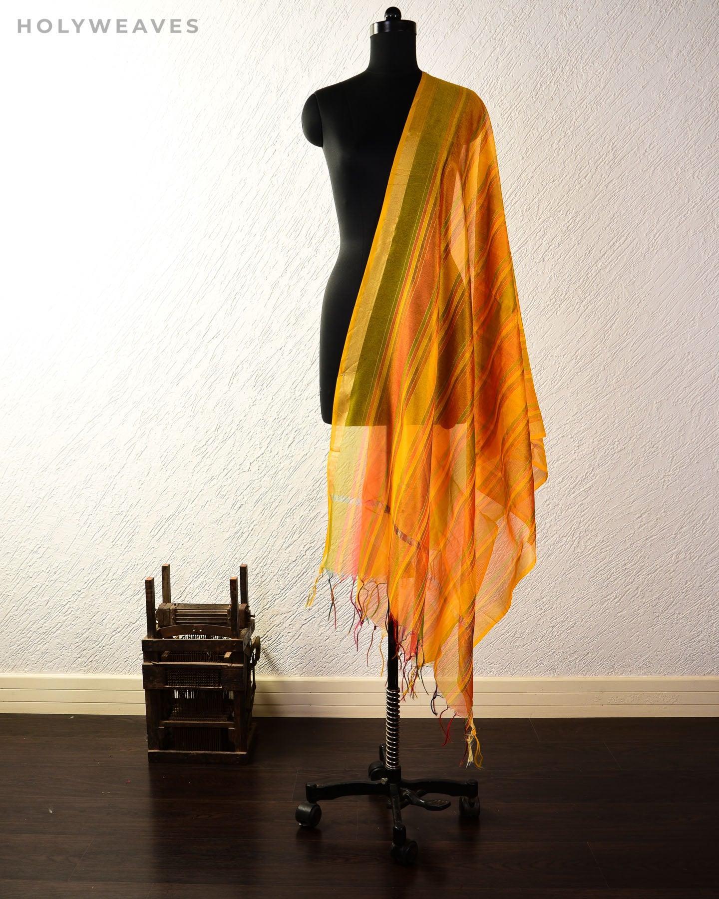 Orange Zari Pin Stripes Woven Poly Cotton Silk Dupatta - By HolyWeaves, Benares