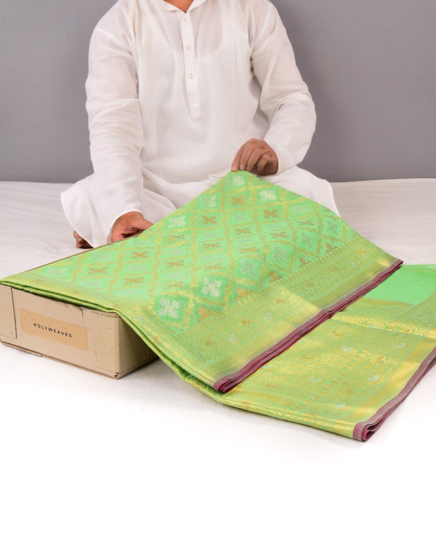 Paris Green Banarasi Jangla Alfi Cutwork Brocade Woven Cotton Silk Saree - By HolyWeaves, Benares