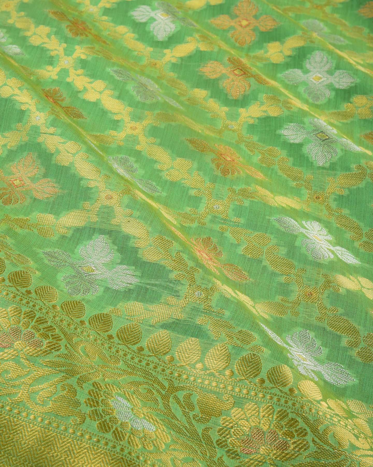 Paris Green Banarasi Jangla Alfi Cutwork Brocade Woven Cotton Silk Saree - By HolyWeaves, Benares