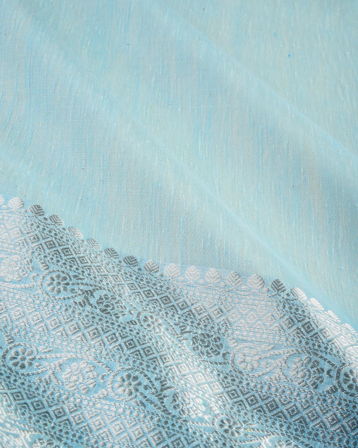 Pastel Ferozi Banarasi Silver Zari Brocade Woven Cotton Silk Saree - By HolyWeaves, Benares