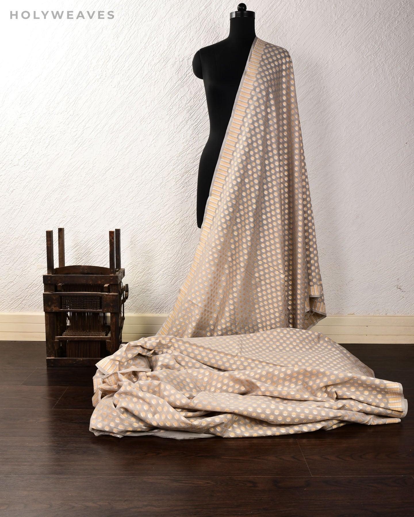 Pastel Gray Banarasi Sona-Rupa Buti Cutwork Brocade Handwoven Cotton Silk Fabric - By HolyWeaves, Benares