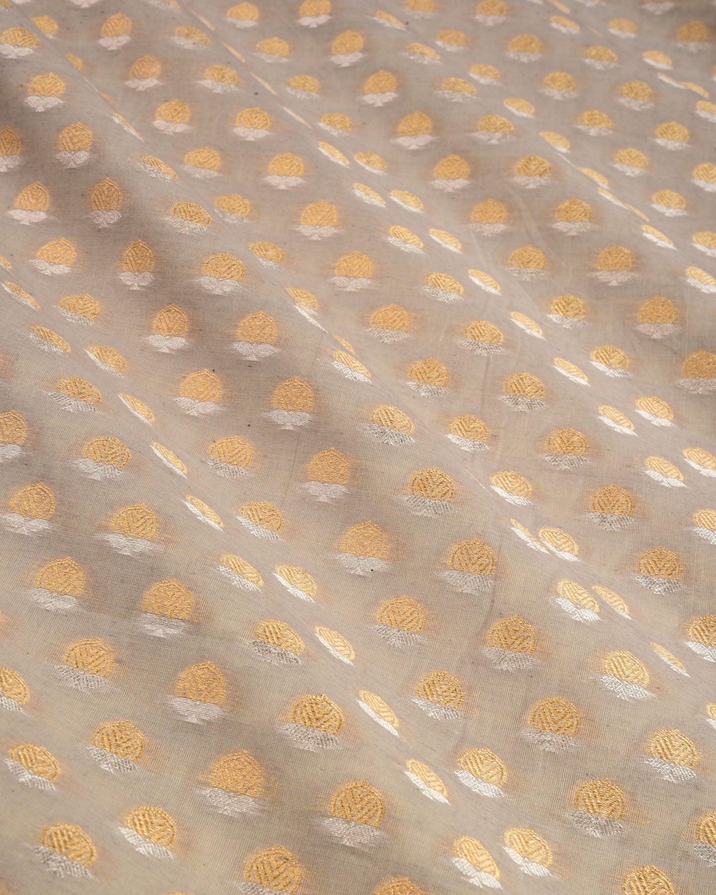 Pastel Gray Banarasi Sona-Rupa Buti Cutwork Brocade Handwoven Cotton Silk Fabric - By HolyWeaves, Benares