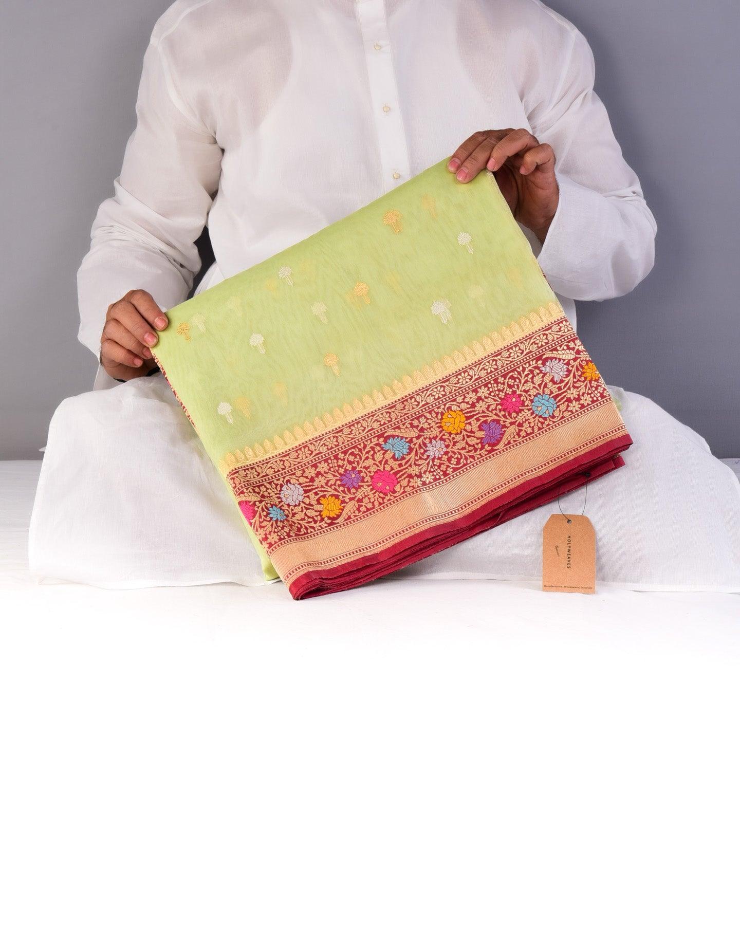 Pastel Green Banarasi Kadhuan Brocade Handwoven Kora Silk Saree with Alfi Mennedar Border Pallu - By HolyWeaves, Benares