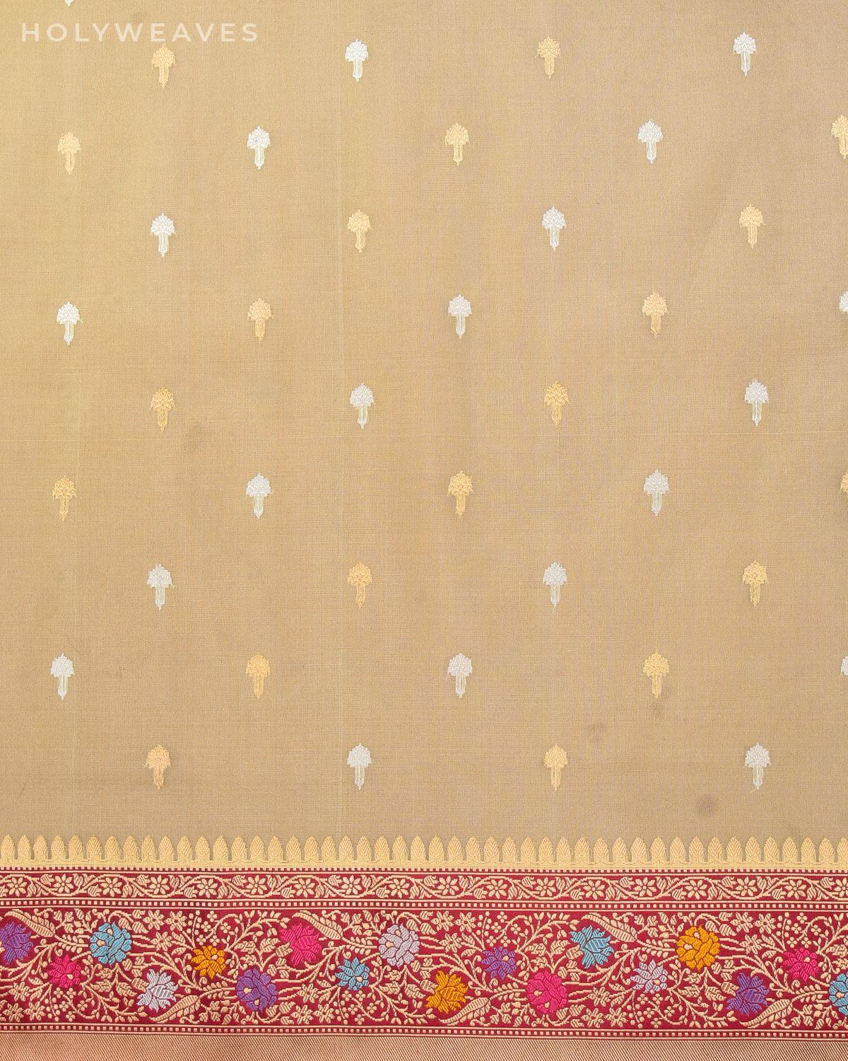 Pastel Green Banarasi Kadhuan Brocade Handwoven Kora Silk Saree with Alfi Mennedar Border Pallu - By HolyWeaves, Benares