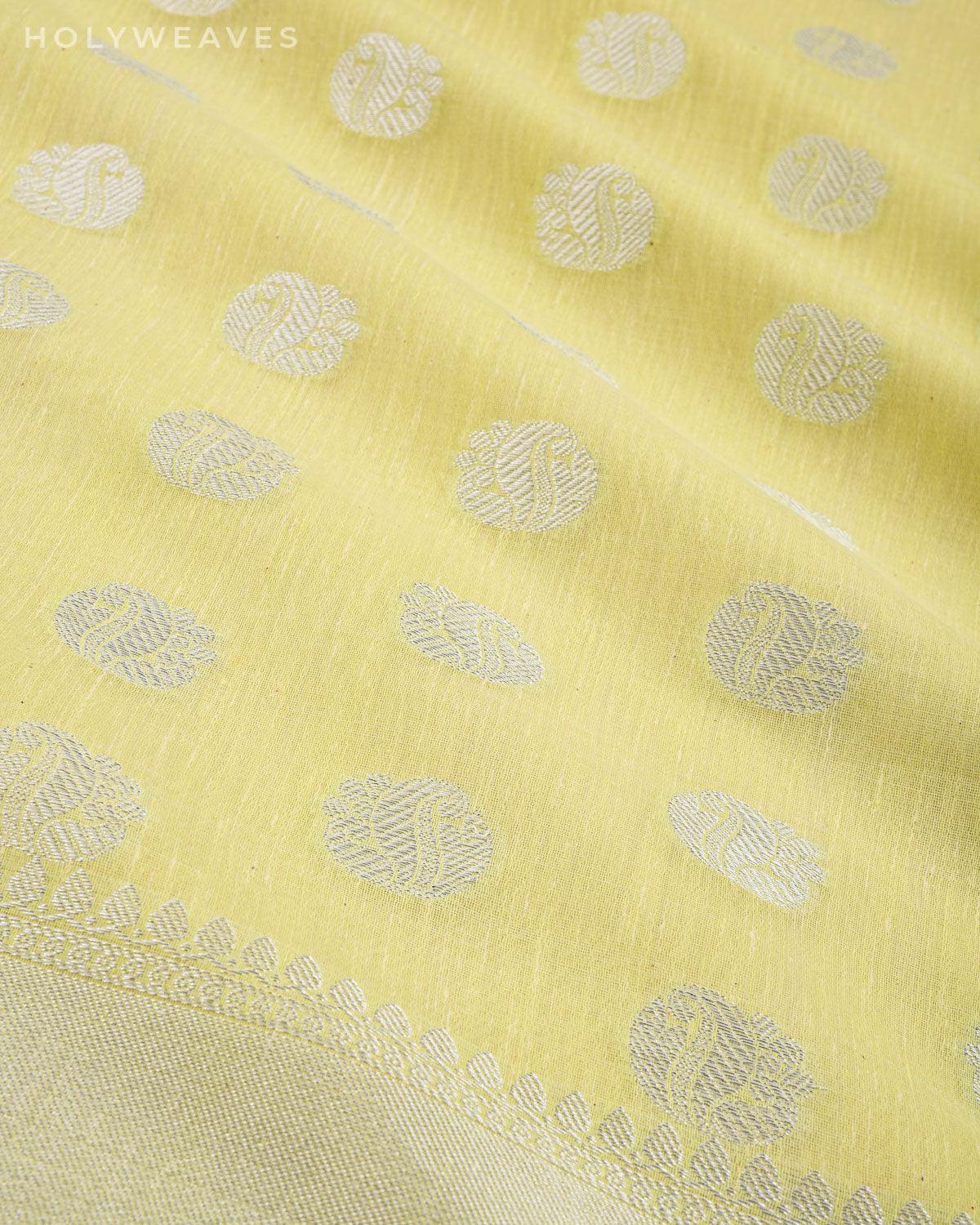 Pastel Green Banarasi Linen Texture Silver Buti Cutwork Brocade Woven Cotton Silk Saree - By HolyWeaves, Benares