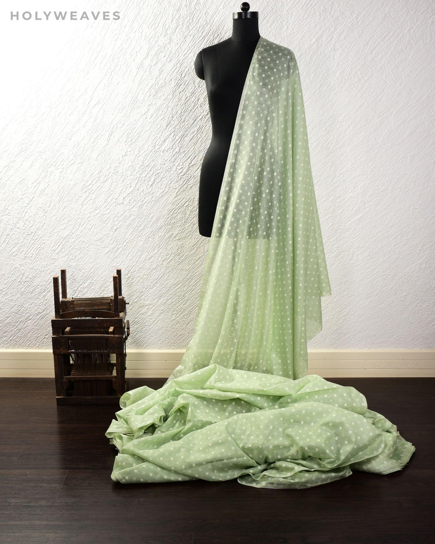 Pastel Green Banarasi Resham Buti Cutwork Brocade Woven Cotton Silk Fabric - By HolyWeaves, Benares