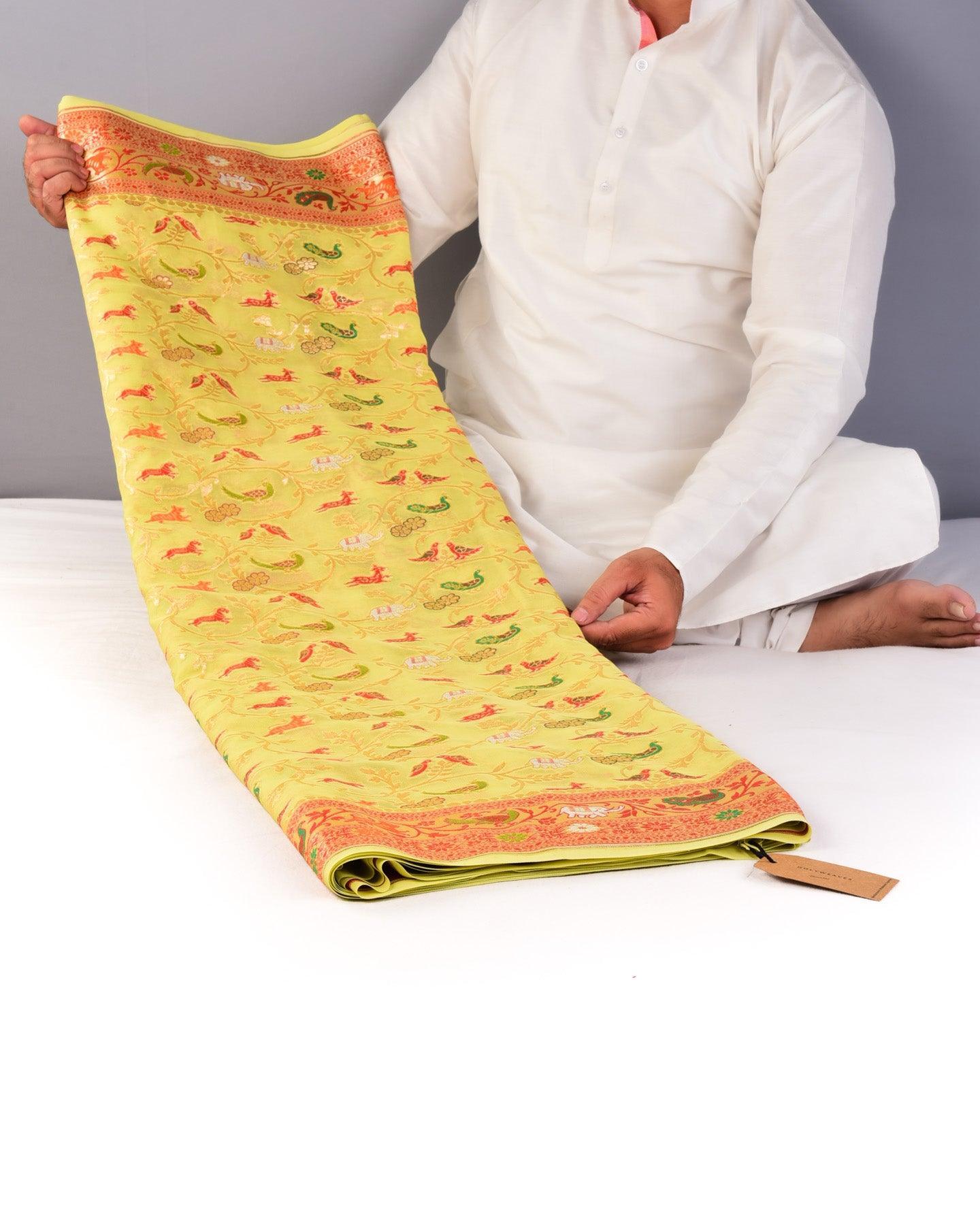Pastel Green Banarasi Shikargah Cutwork Brocade Handwoven Khaddi Georgette Saree - By HolyWeaves, Benares