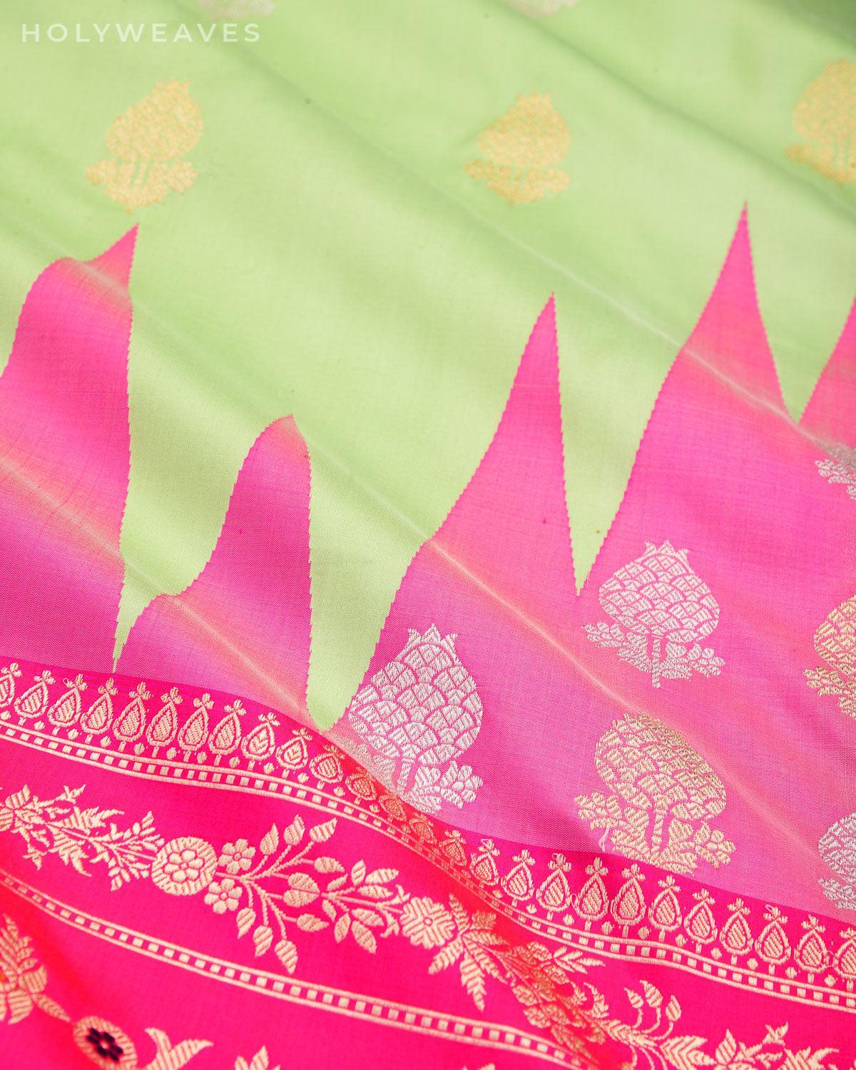 Pastel Green Temple Rangkaat Kadhuan Brocade Handwoven Katan Silk Saree - By HolyWeaves, Benares