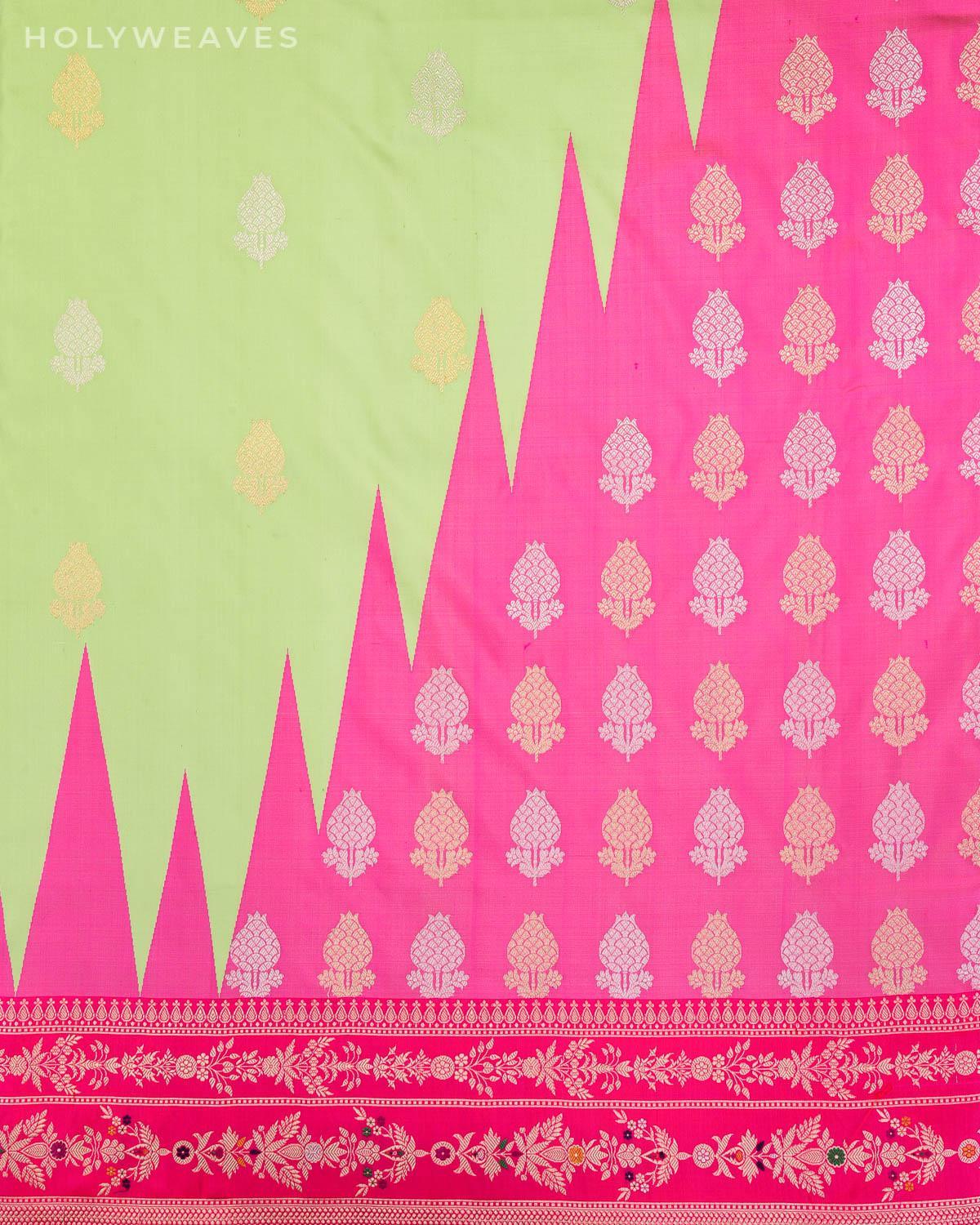 Pastel Green Temple Rangkaat Kadhuan Brocade Handwoven Katan Silk Saree - By HolyWeaves, Benares