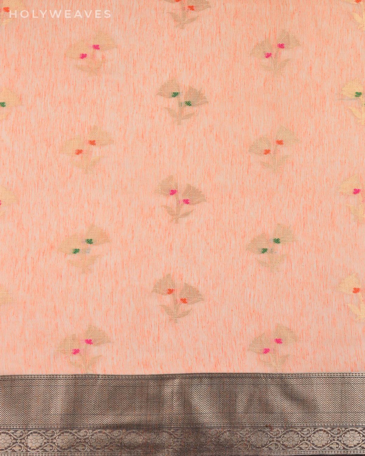 Pastel Peach Banarasi Alfi Flower Buti Cutwork Brocade Woven Cotton Silk Saree - By HolyWeaves, Benares