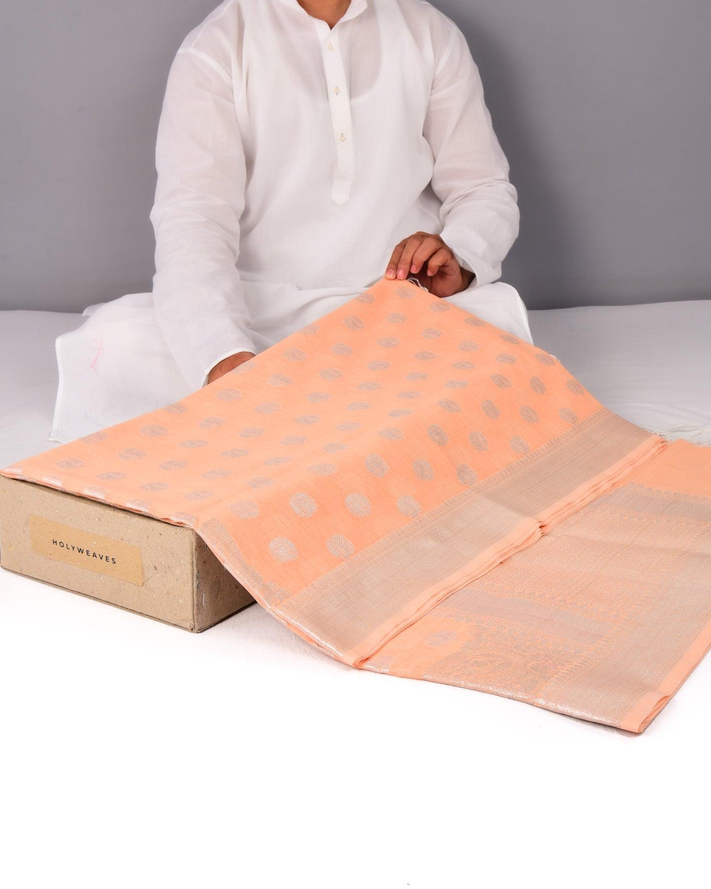 Pastel Peach Banarasi Linen Texture Silver Buti Cutwork Brocade Woven Cotton Silk Saree - By HolyWeaves, Benares