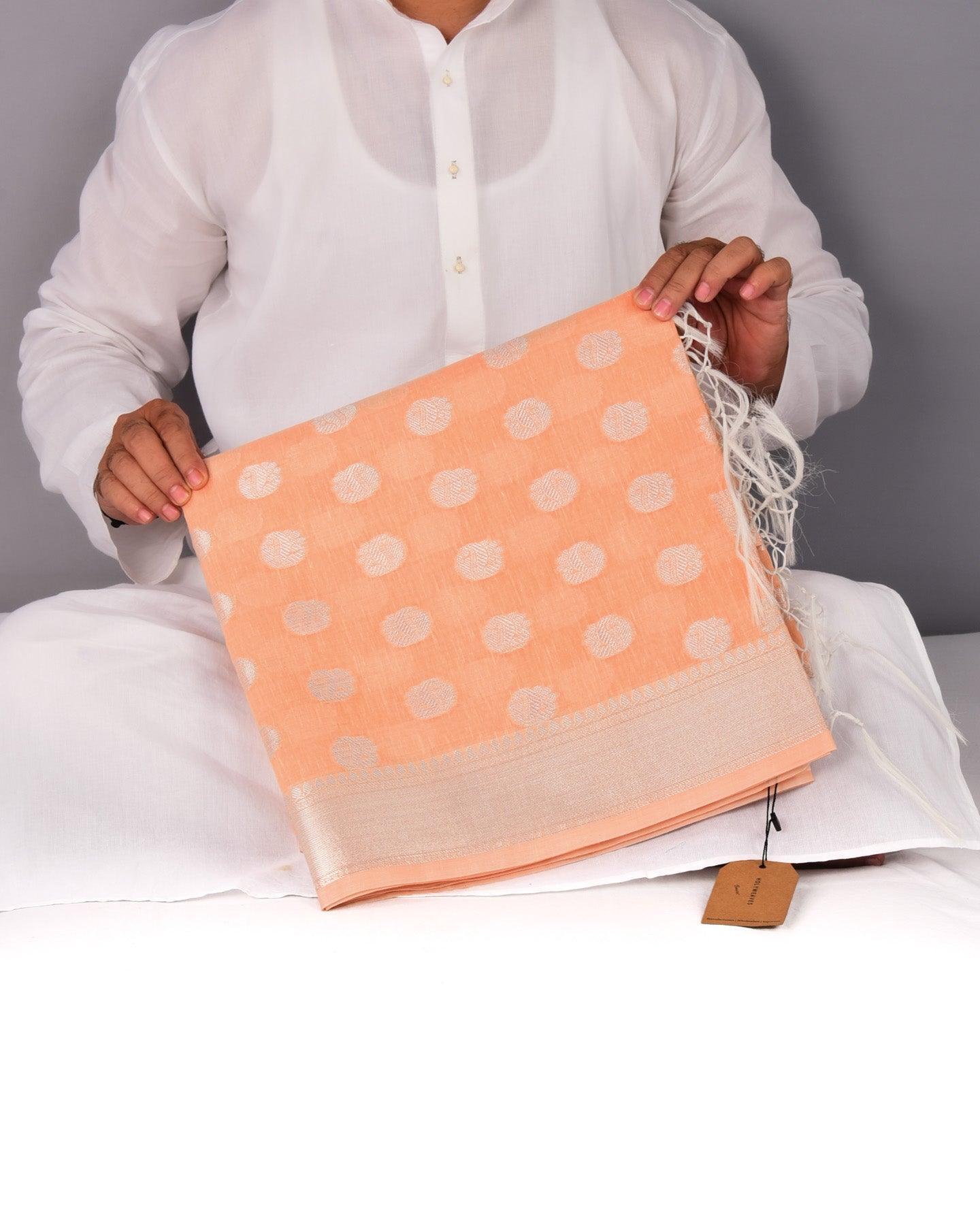 Pastel Peach Banarasi Linen Texture Silver Buti Cutwork Brocade Woven Cotton Silk Saree - By HolyWeaves, Benares