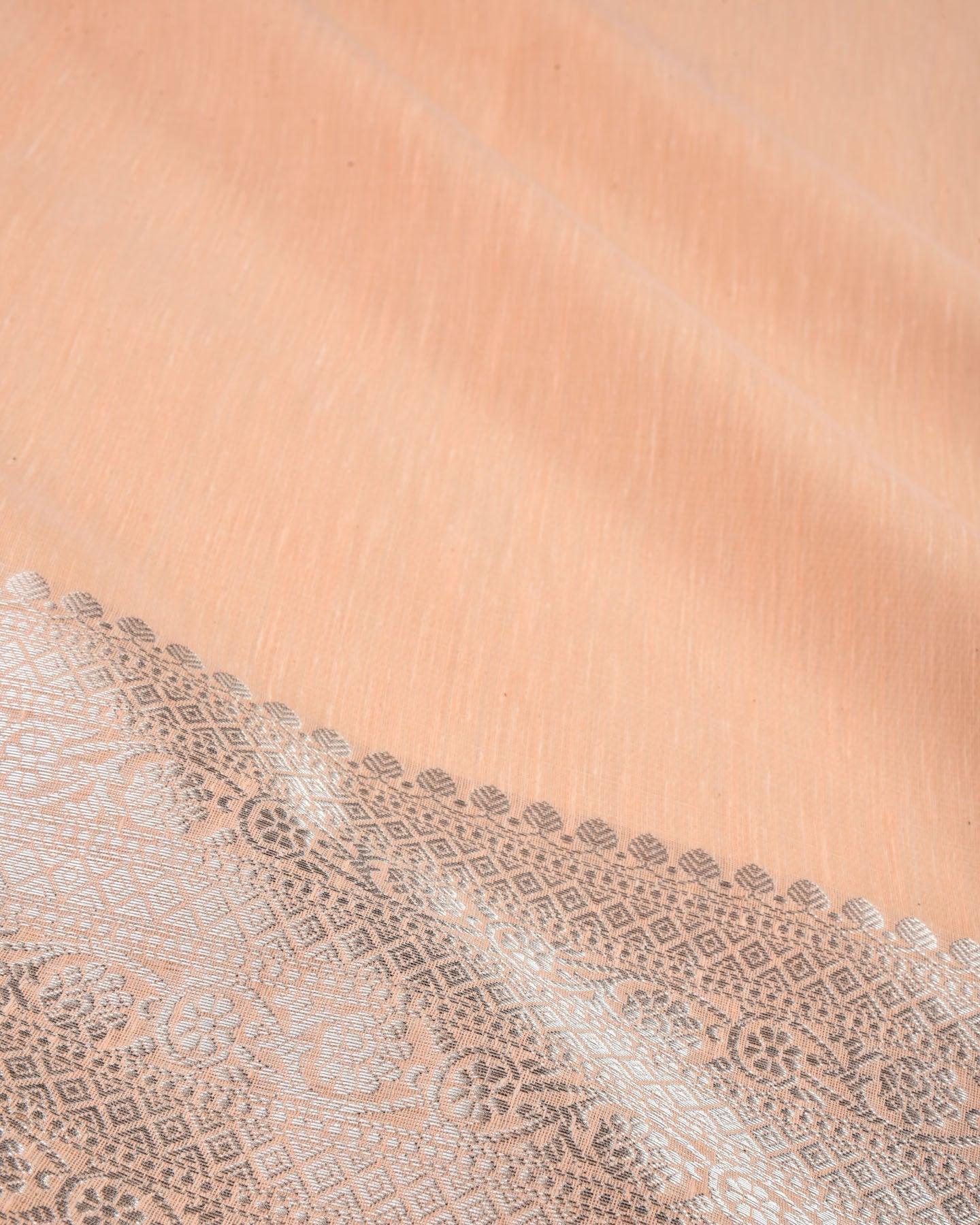 Pastel Peach Banarasi Silver Zari Brocade Woven Cotton Silk Saree - By HolyWeaves, Benares