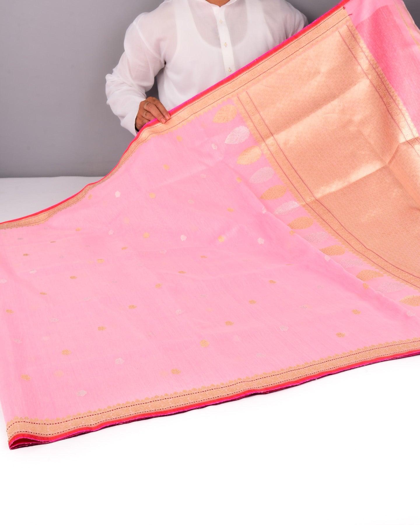 Pastel Pink Banarasi Kadhuan Brocade Handwoven Linen Silk Saree with Resham Brocade Blouse - By HolyWeaves, Benares