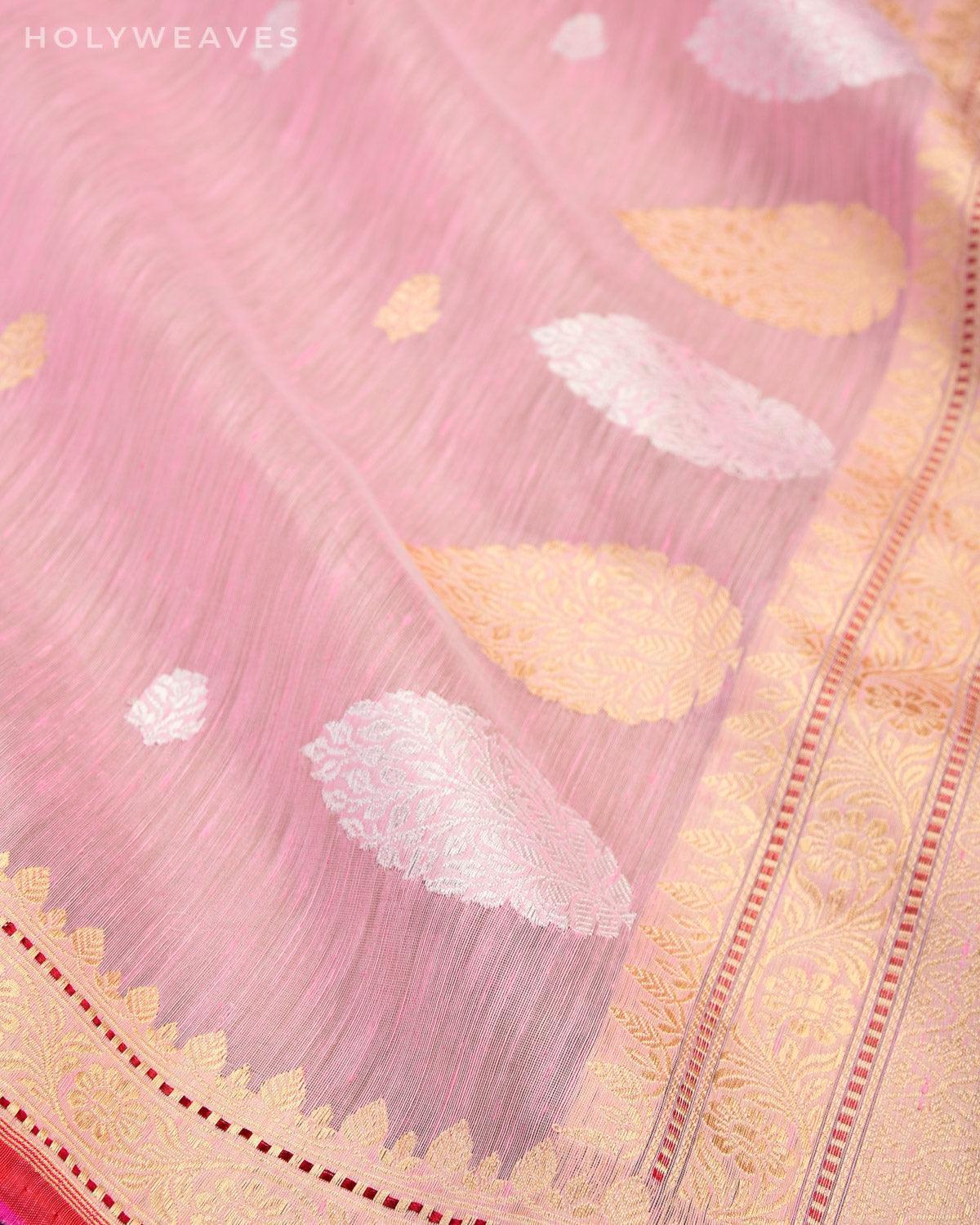 Pastel Pink Banarasi Kadhuan Brocade Handwoven Linen Silk Saree with Resham Brocade Blouse - By HolyWeaves, Benares